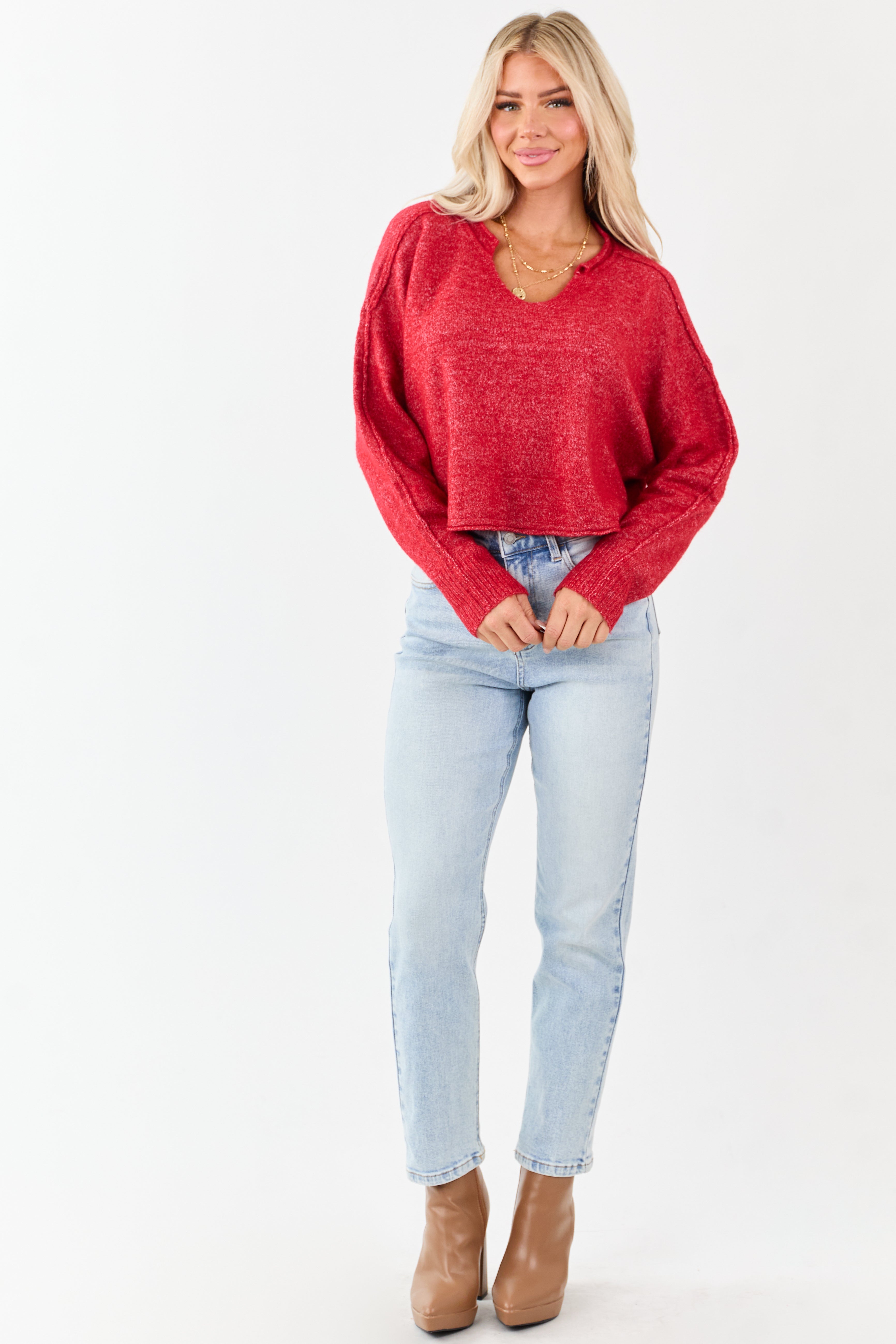 Scarlet Cropped V-Neck Wool Blend Boxy Sweater