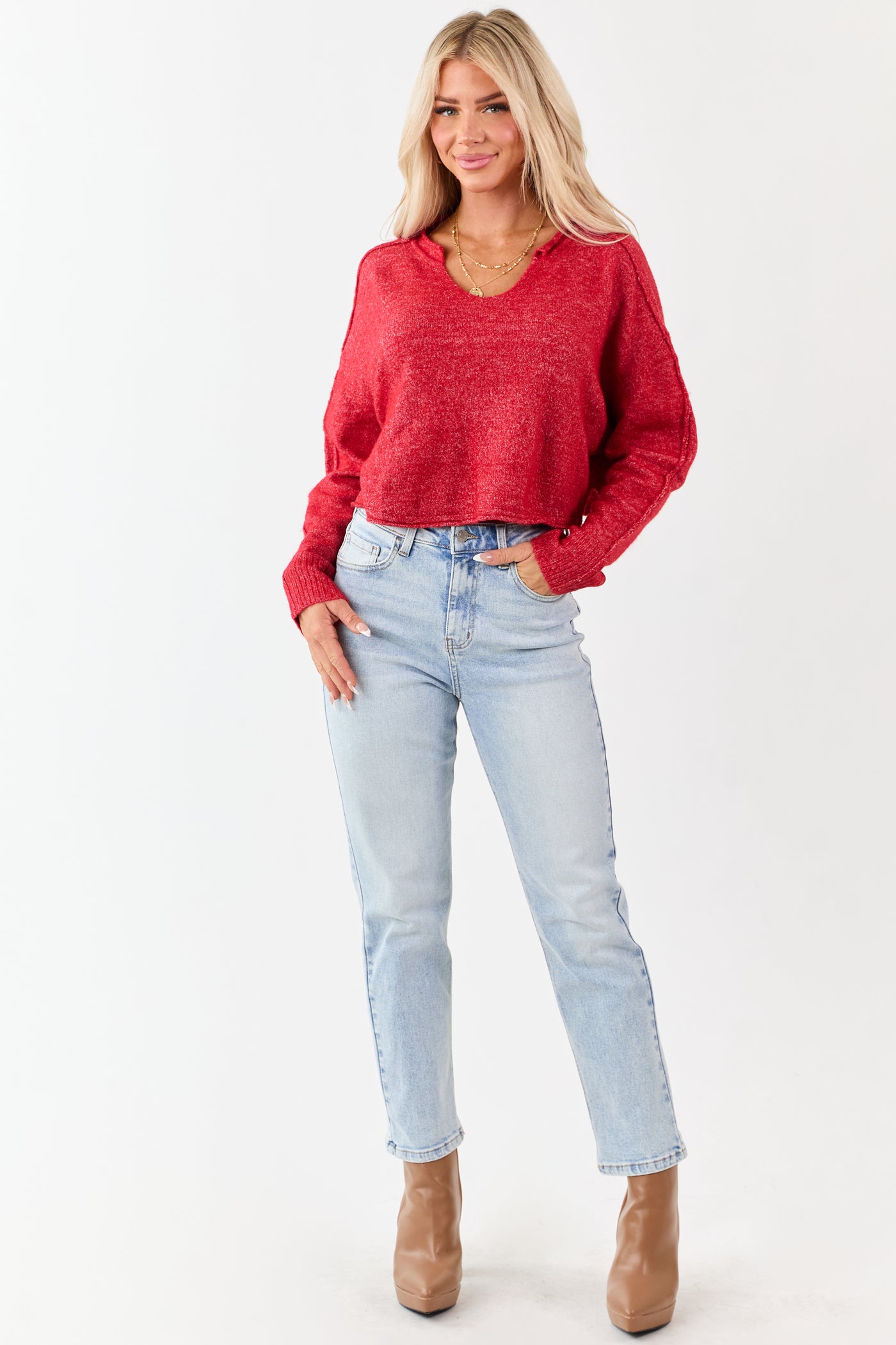 Scarlet Cropped V-Neck Wool Blend Boxy Sweater