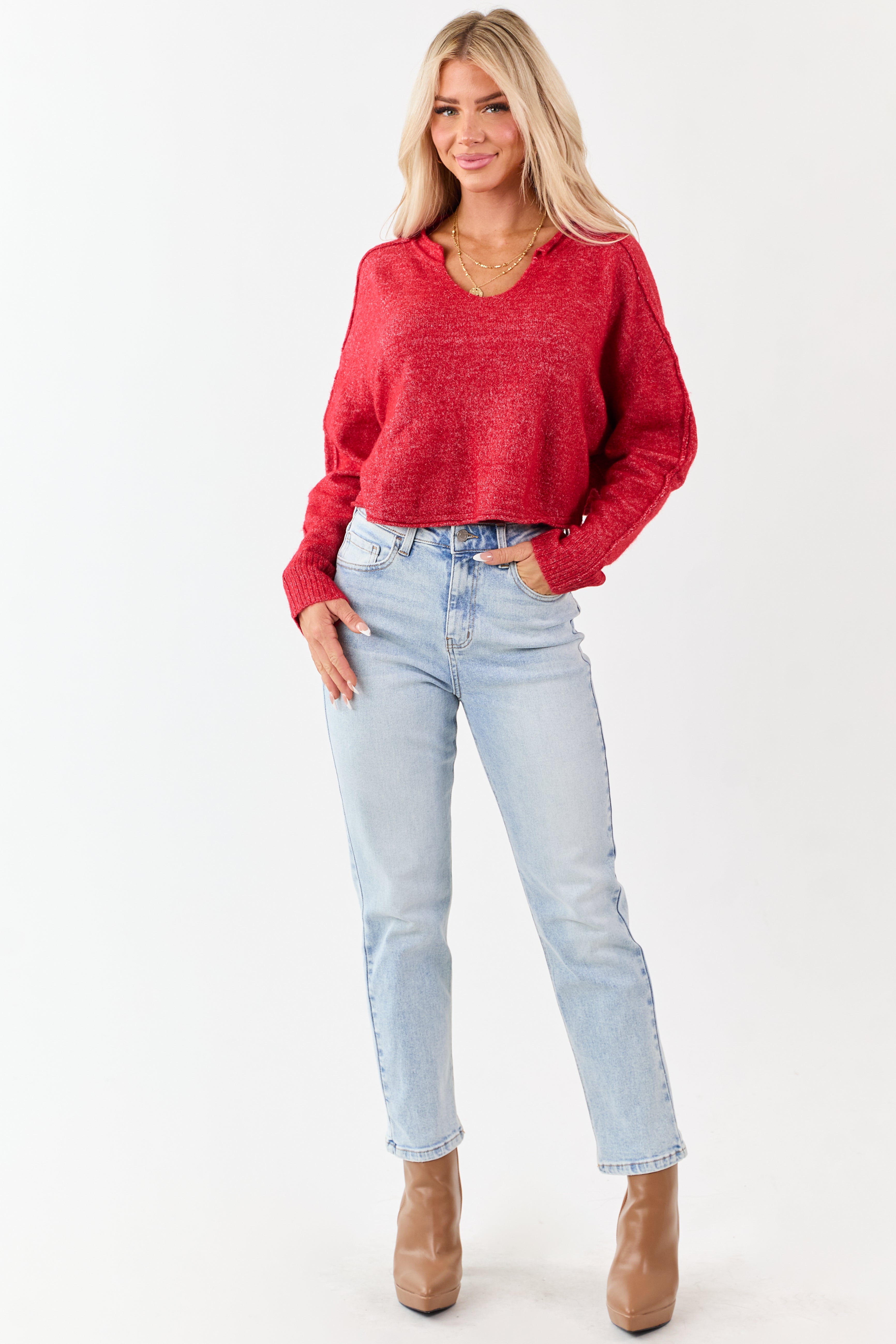 Scarlet Cropped V-Neck Wool Blend Boxy Sweater