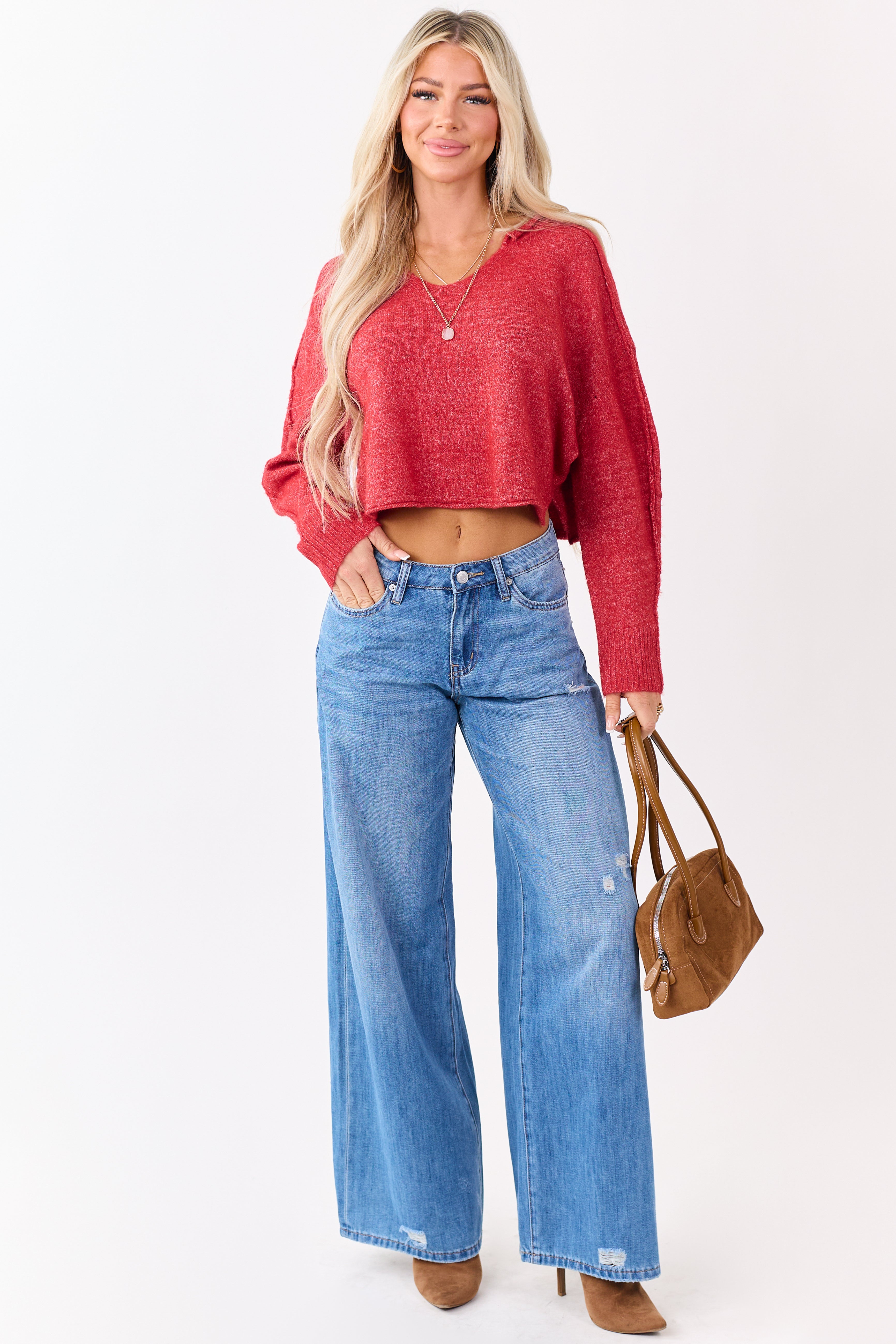 Scarlet Cropped V-Neck Wool Blend Boxy Sweater