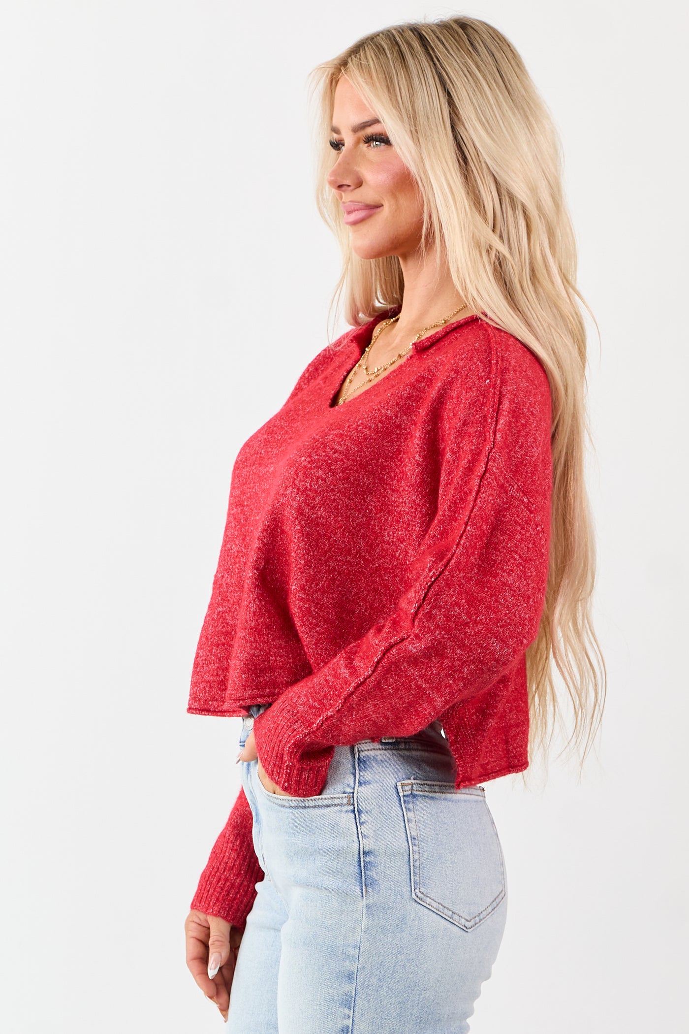 Scarlet Cropped V-Neck Wool Blend Boxy Sweater