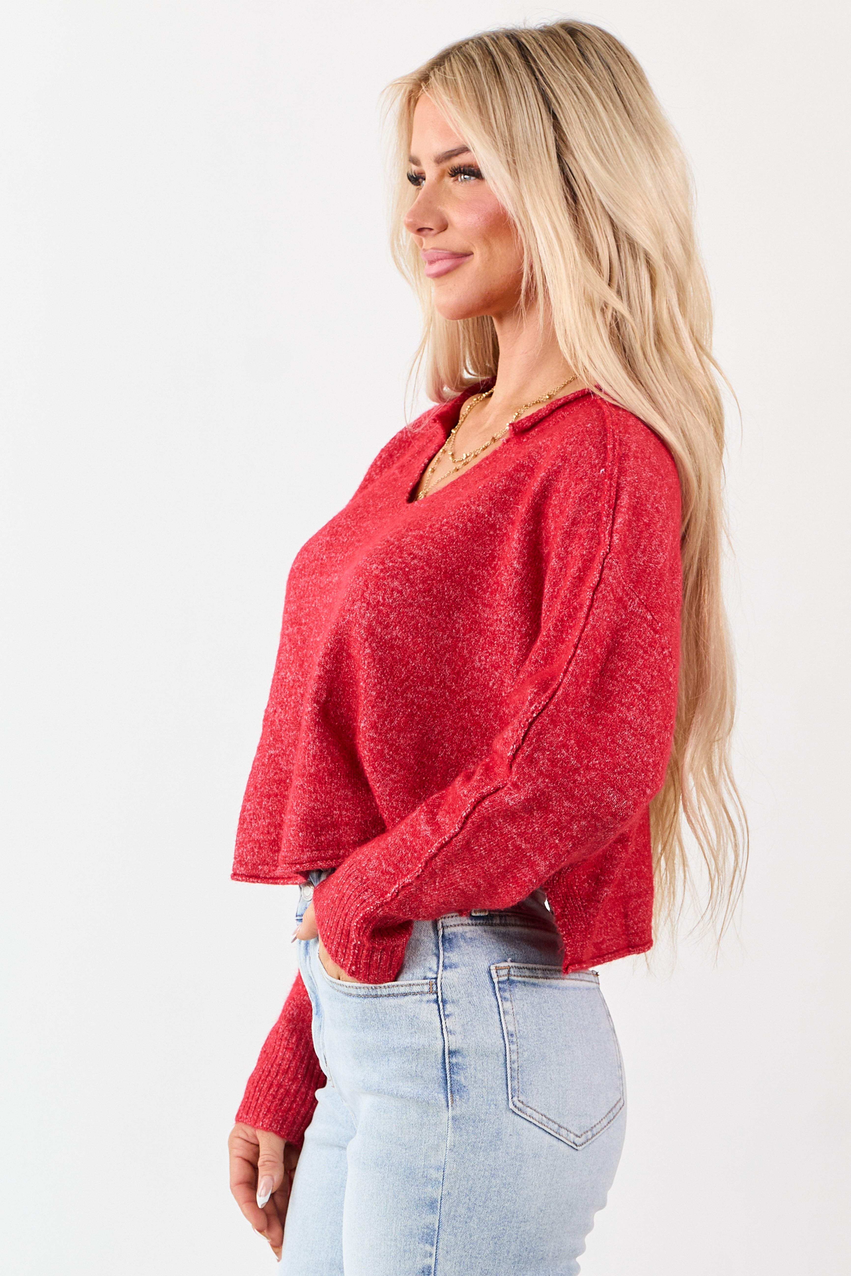 Scarlet Cropped V-Neck Wool Blend Boxy Sweater