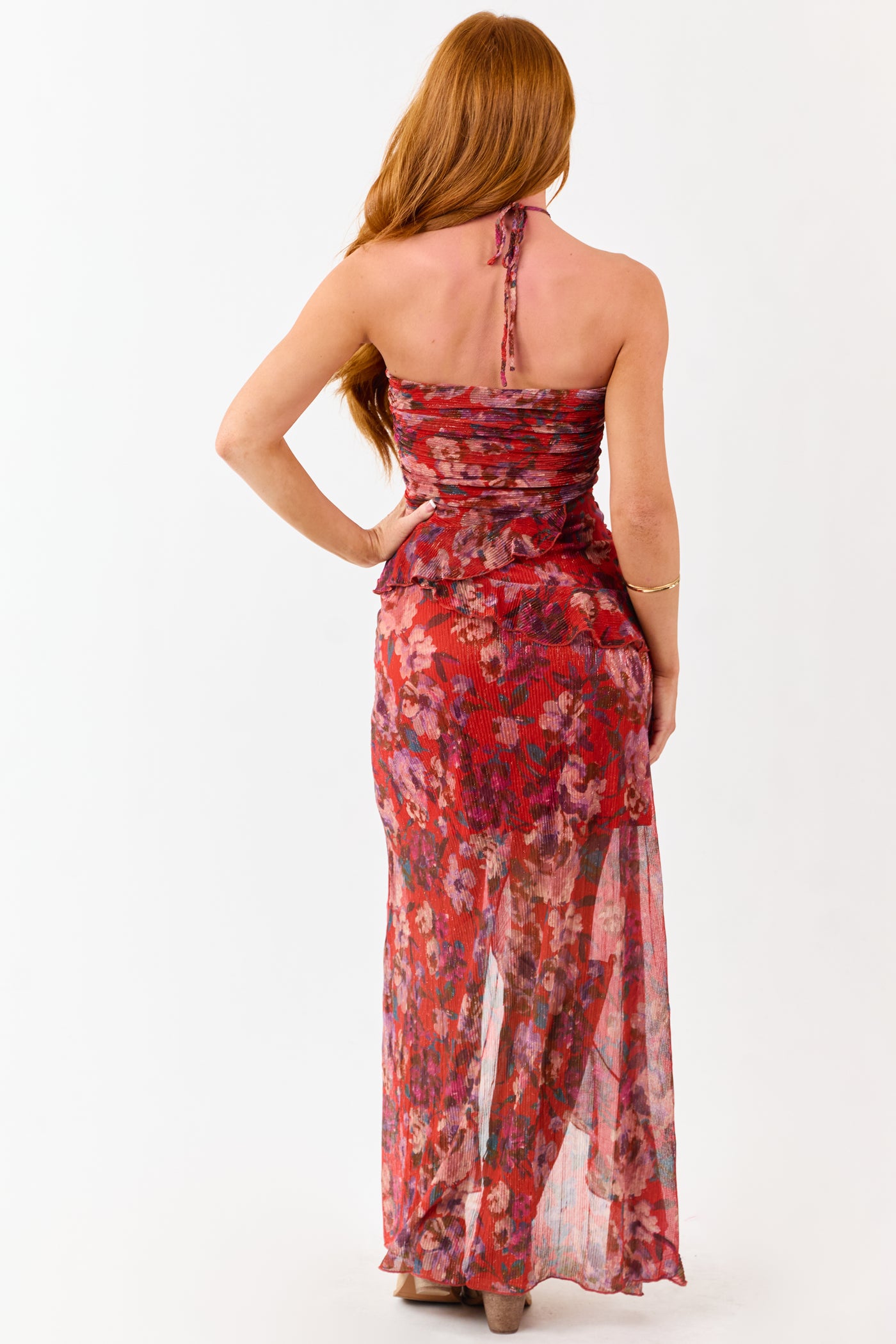 Scarlet Floral Print Ruffle Trim Plisse Maxi Dress