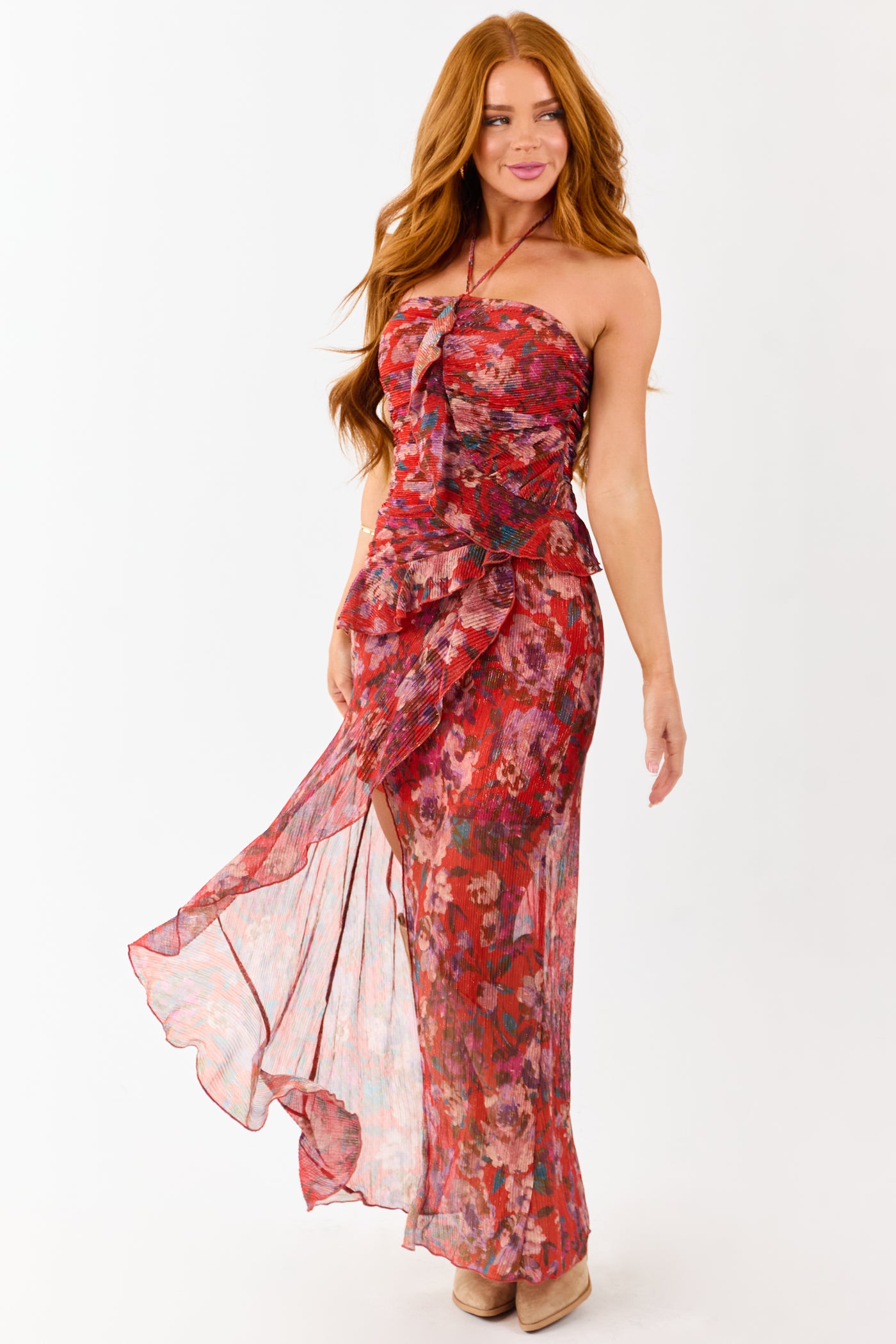 Scarlet Floral Print Ruffle Trim Plisse Maxi Dress