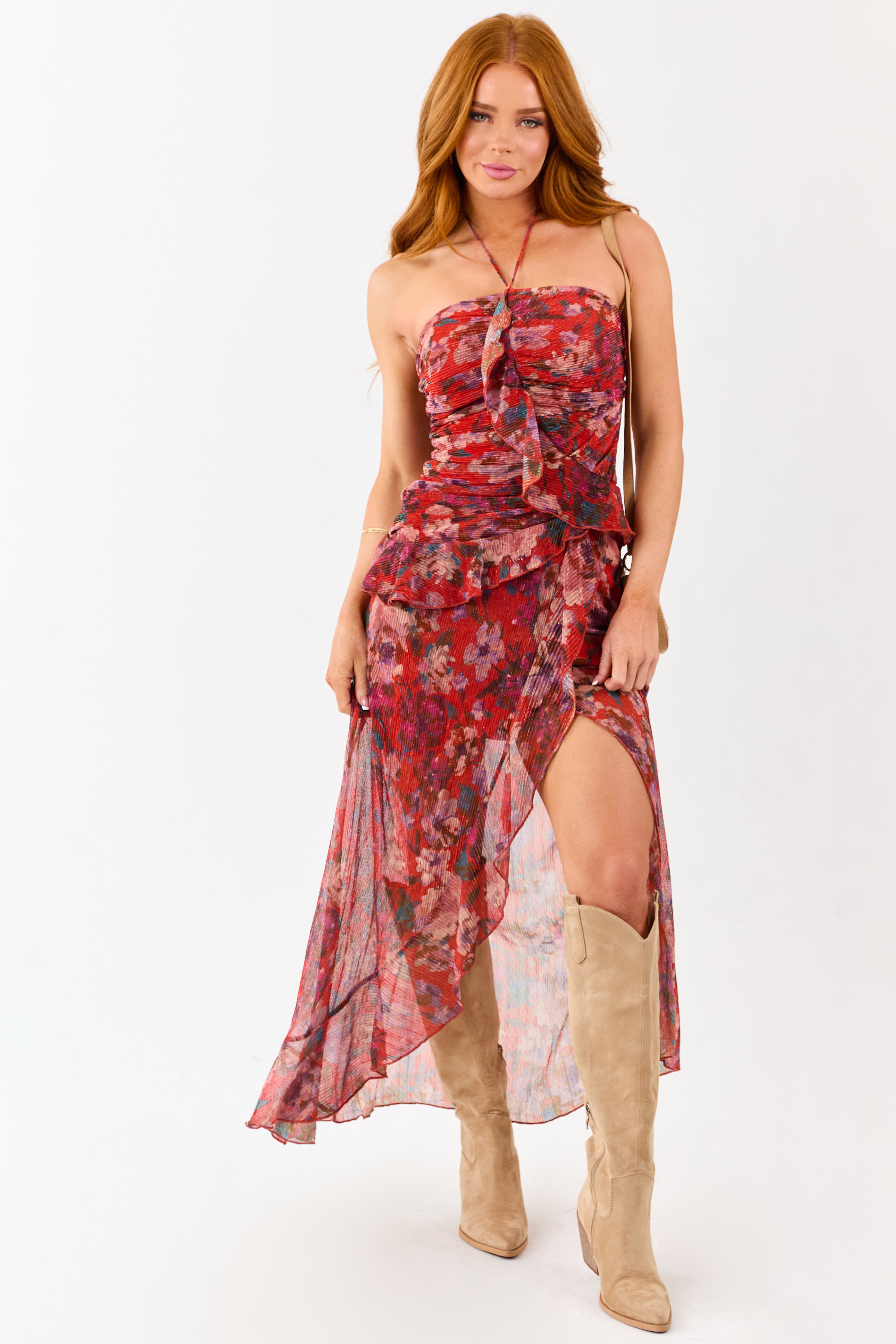 Scarlet Floral Print Ruffle Trim Plisse Maxi Dress Scarlet Floral Print Ruffle Trim Plisse Maxi Dress