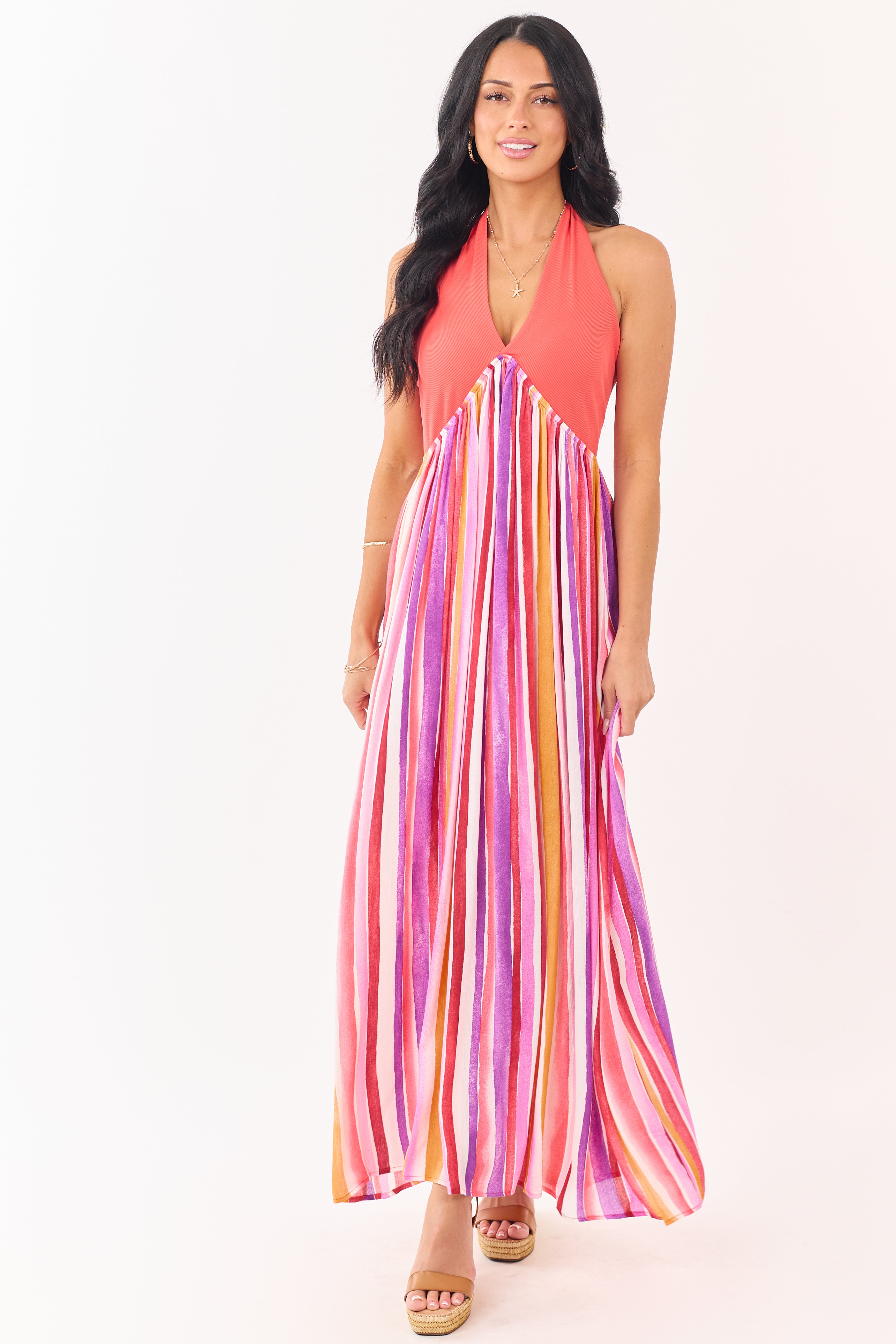 Scarlet Halter Neck Contrast Striped Maxi Dress