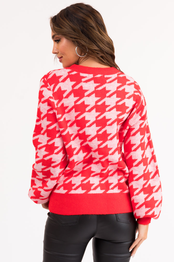 Scarlet Houndstooth Button Down Cardigan