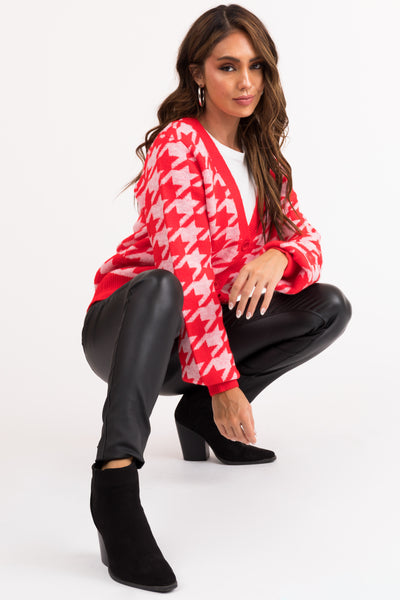 Scarlet Houndstooth Button Down Cardigan