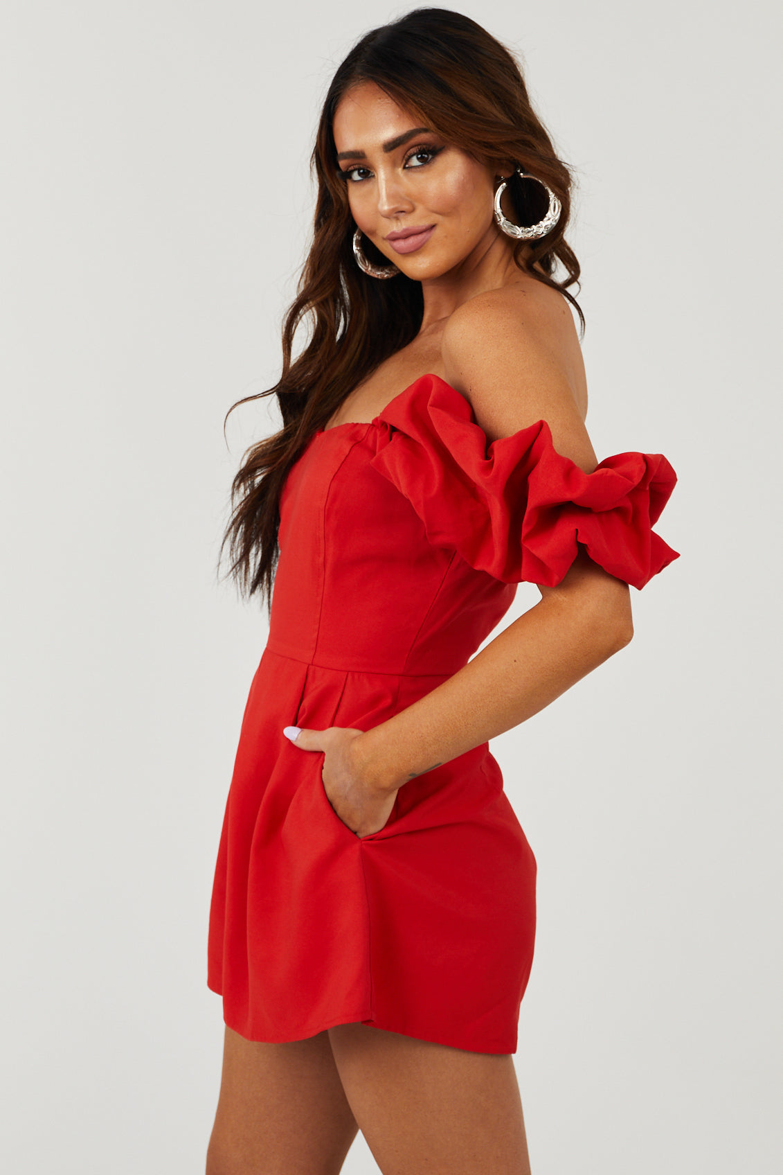 Scarlet Pleated Off the Shoulder Woven Romper