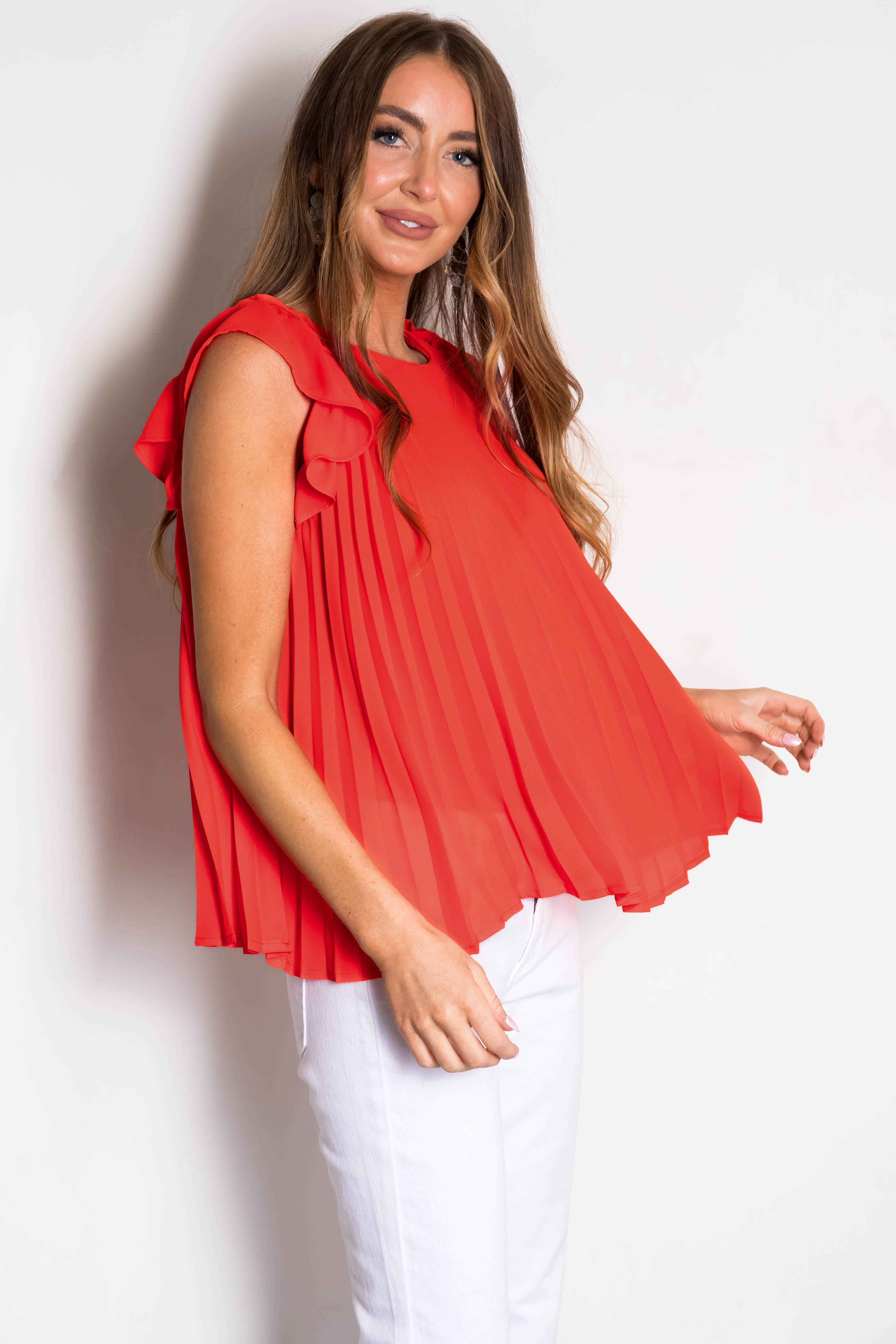 Scarlet Pleated Ruffle Short Sleeve Woven Top