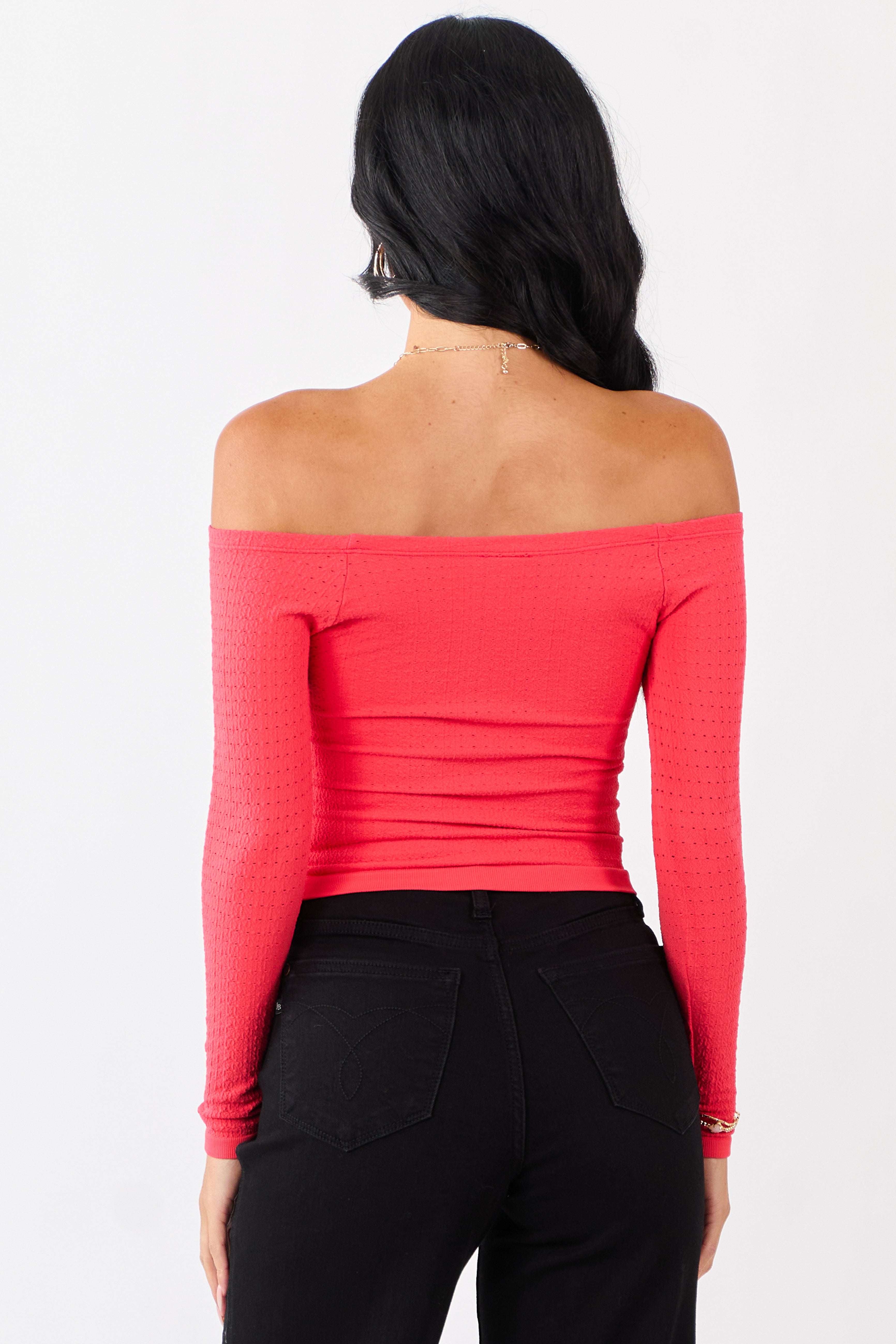 Scarlet Pointelle Off Shoulder Long Sleeve Top