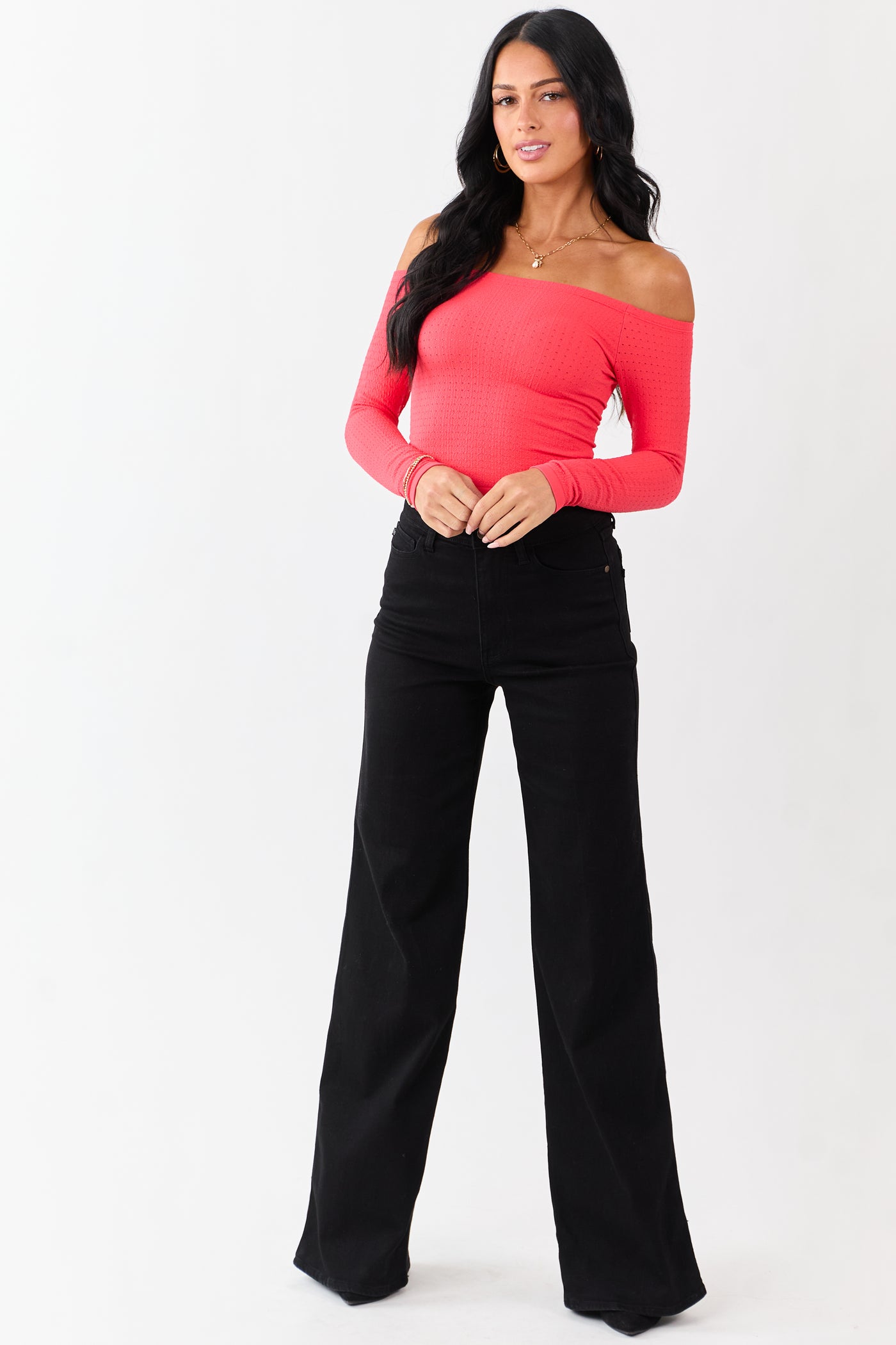 Scarlet Pointelle Off Shoulder Long Sleeve Top