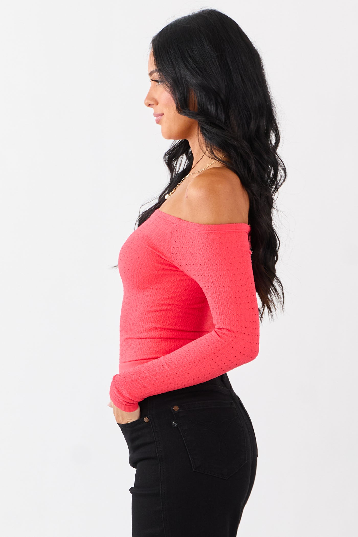 Scarlet Pointelle Off Shoulder Long Sleeve Top