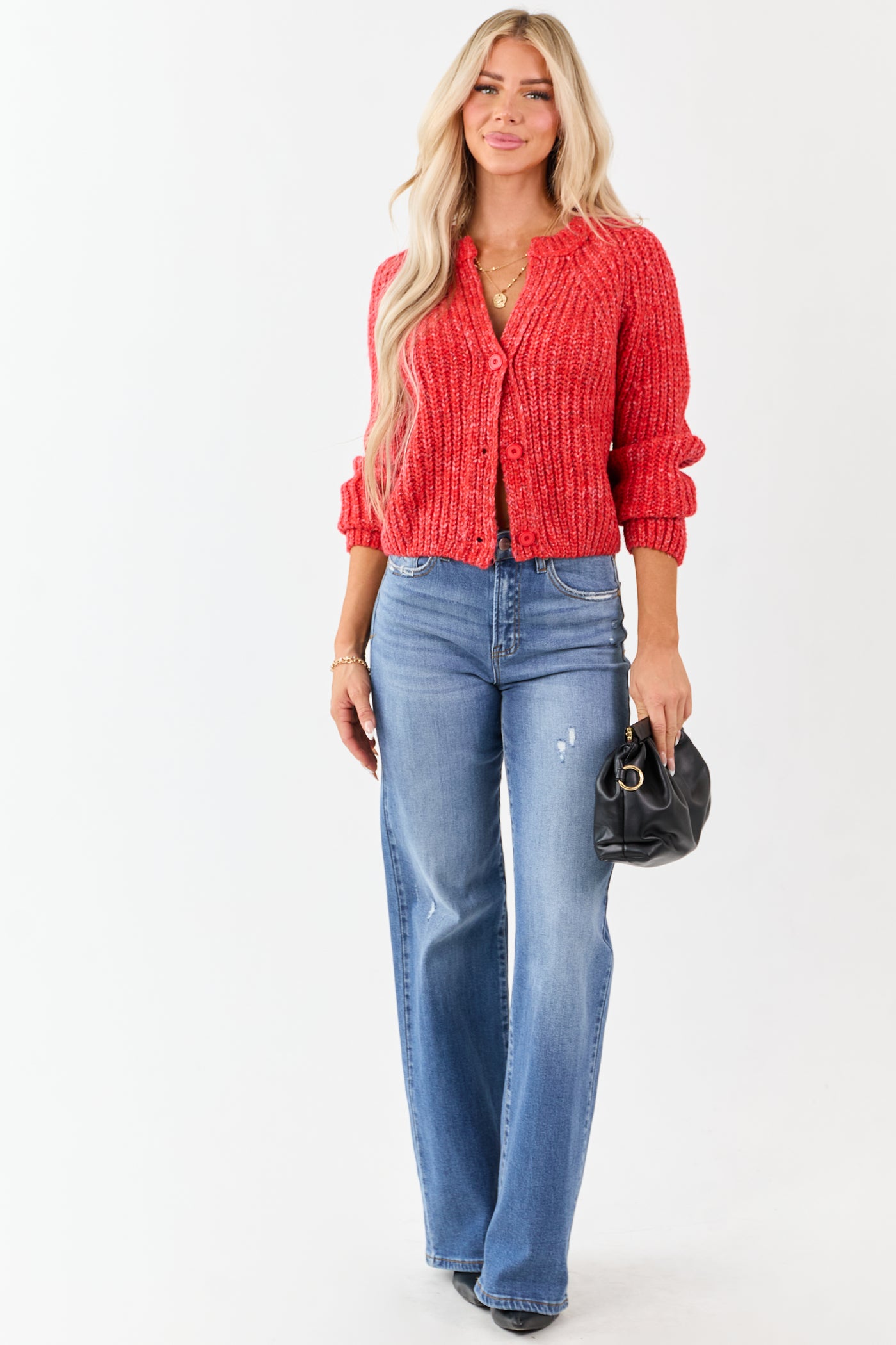 Scarlet Ribbed Knit Button Up Cardigan