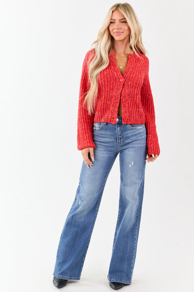 Scarlet Ribbed Knit Button Up Cardigan