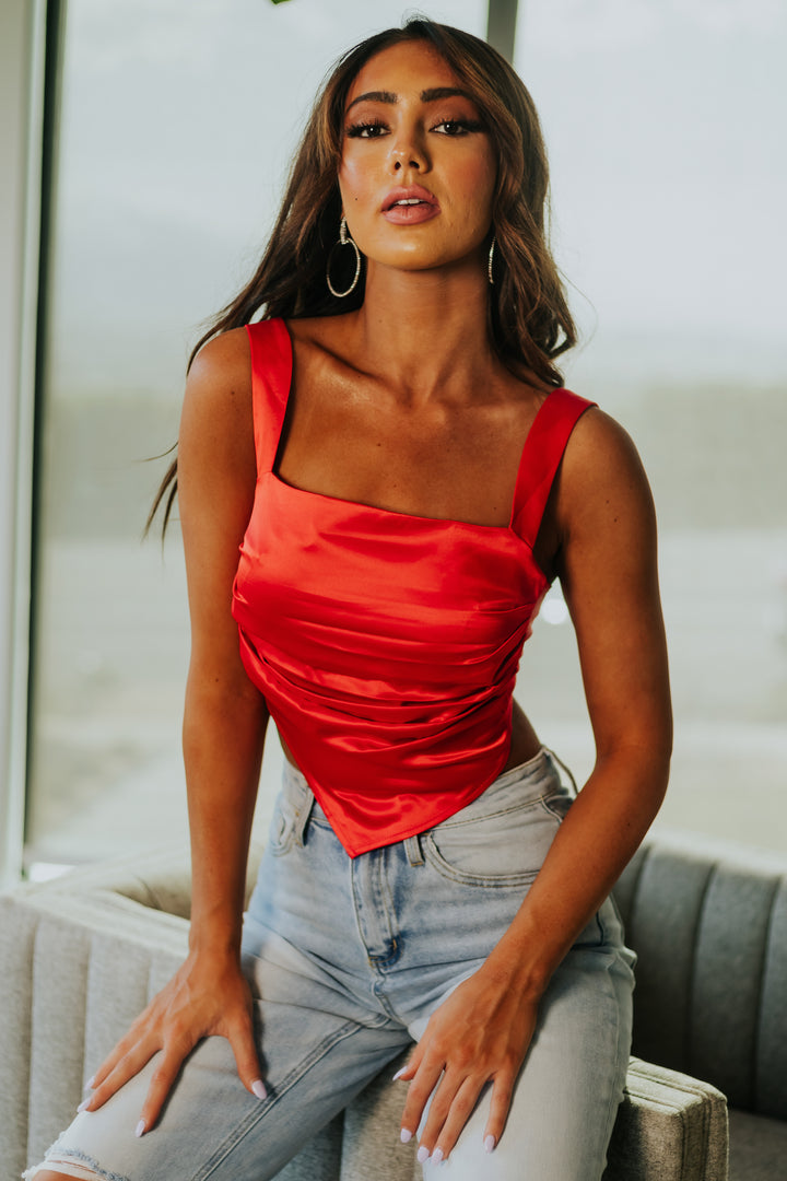 Scarlet Ruched Side Cropped Satin Tank Top