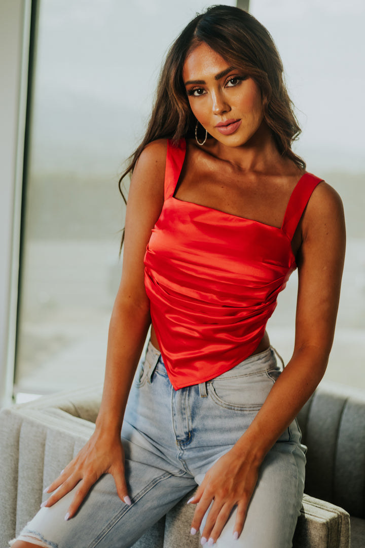 Scarlet Ruched Side Cropped Satin Tank Top