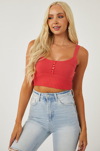Scarlet Sleeveless Knit Crop Top with Buttons
