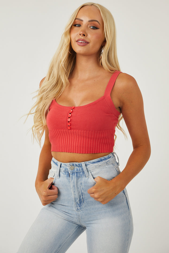 Scarlet Sleeveless Knit Crop Top with Buttons