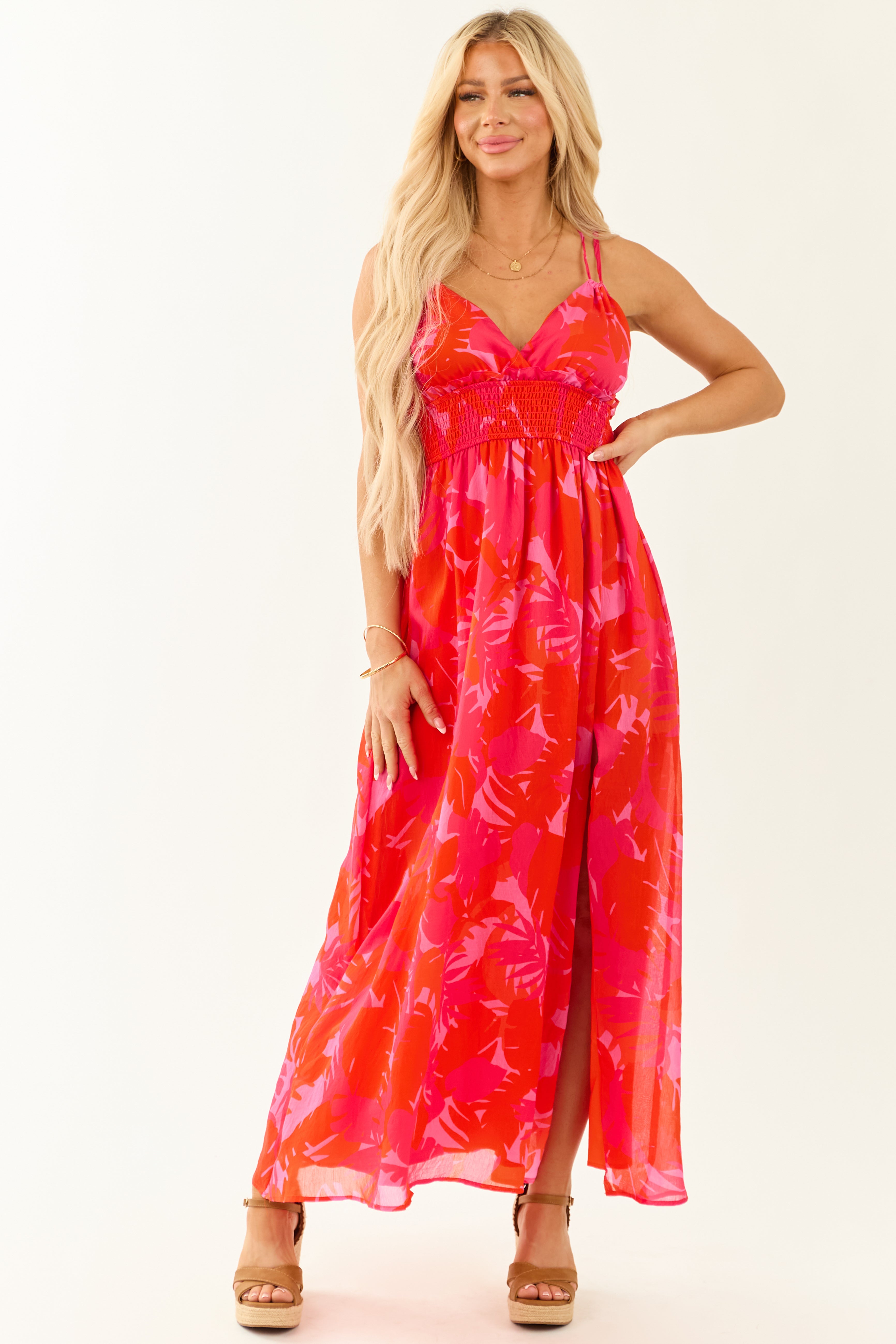 Scarlet Sleeveless V Neck Leaf Print Maxi Dress