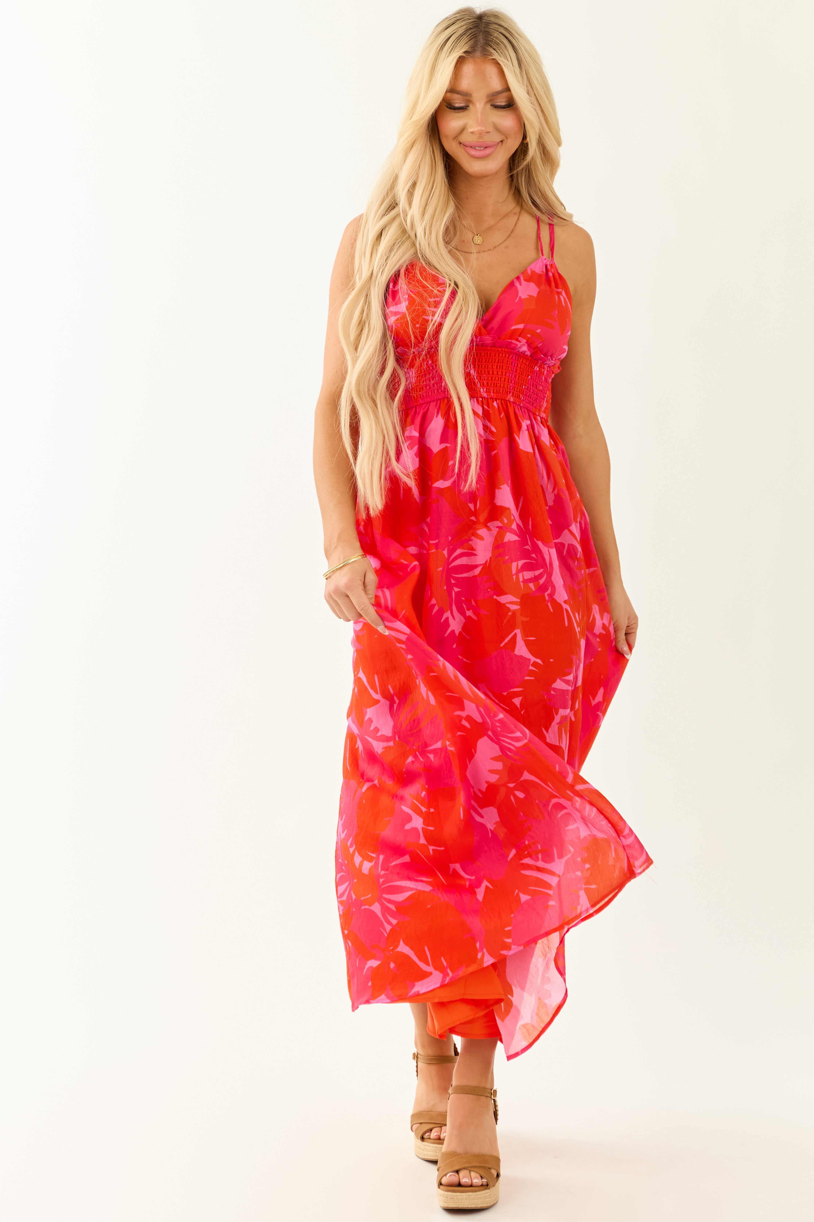 Scarlet Sleeveless V Neck Leaf Print Maxi Dress