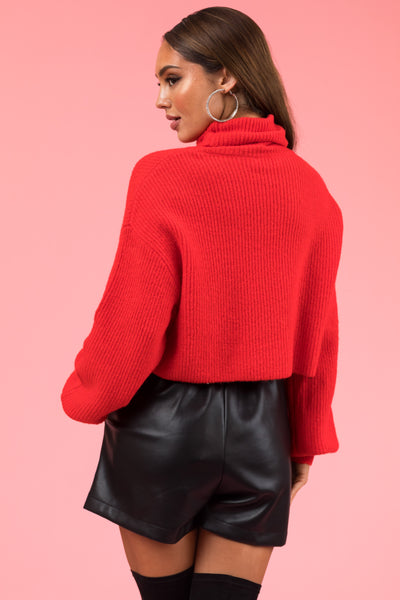 Scarlet Turtleneck Cropped Bubble Sleeve Sweater