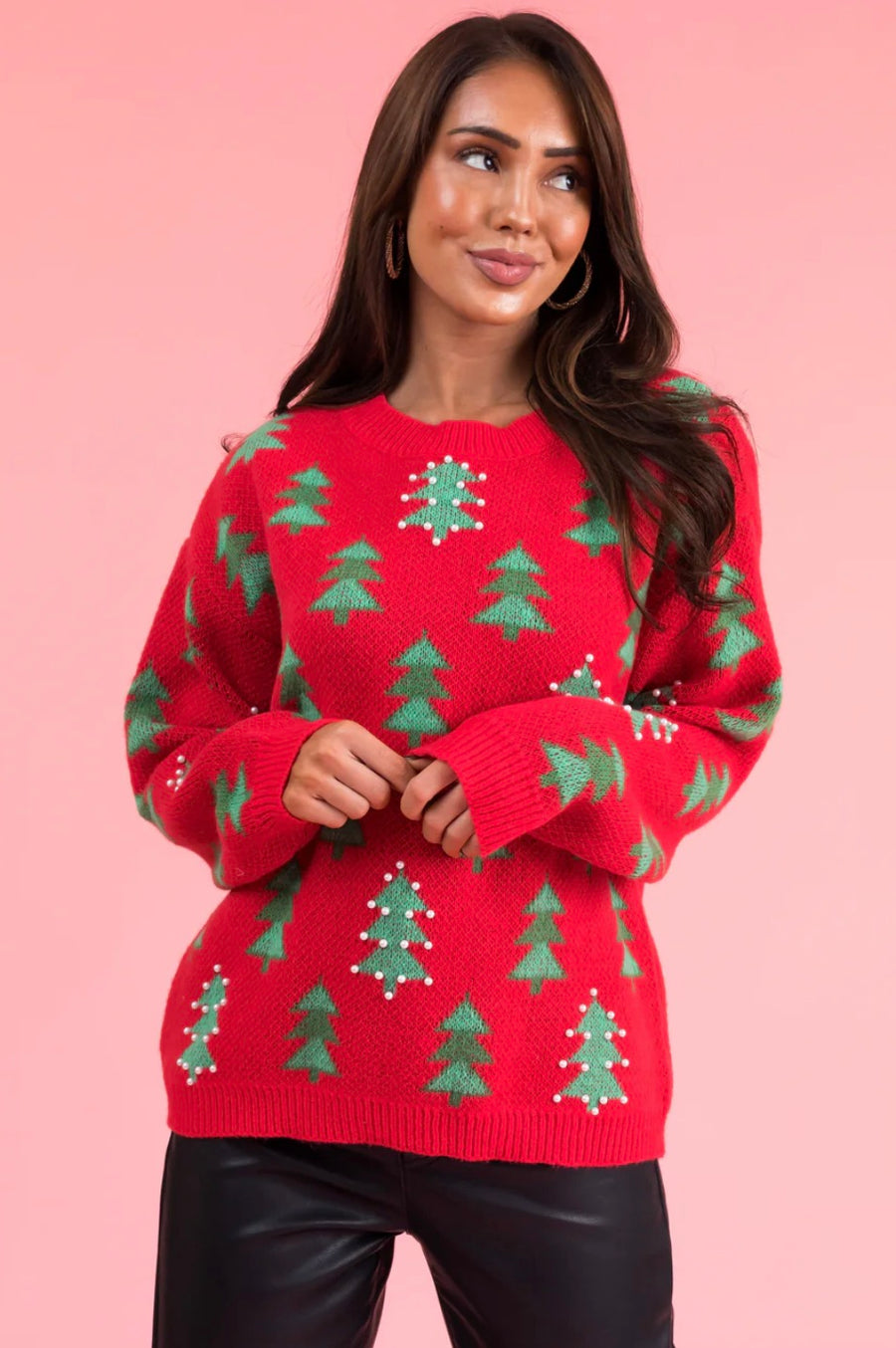 Lipstick Christmas Tree Pearl Graphic Sweater