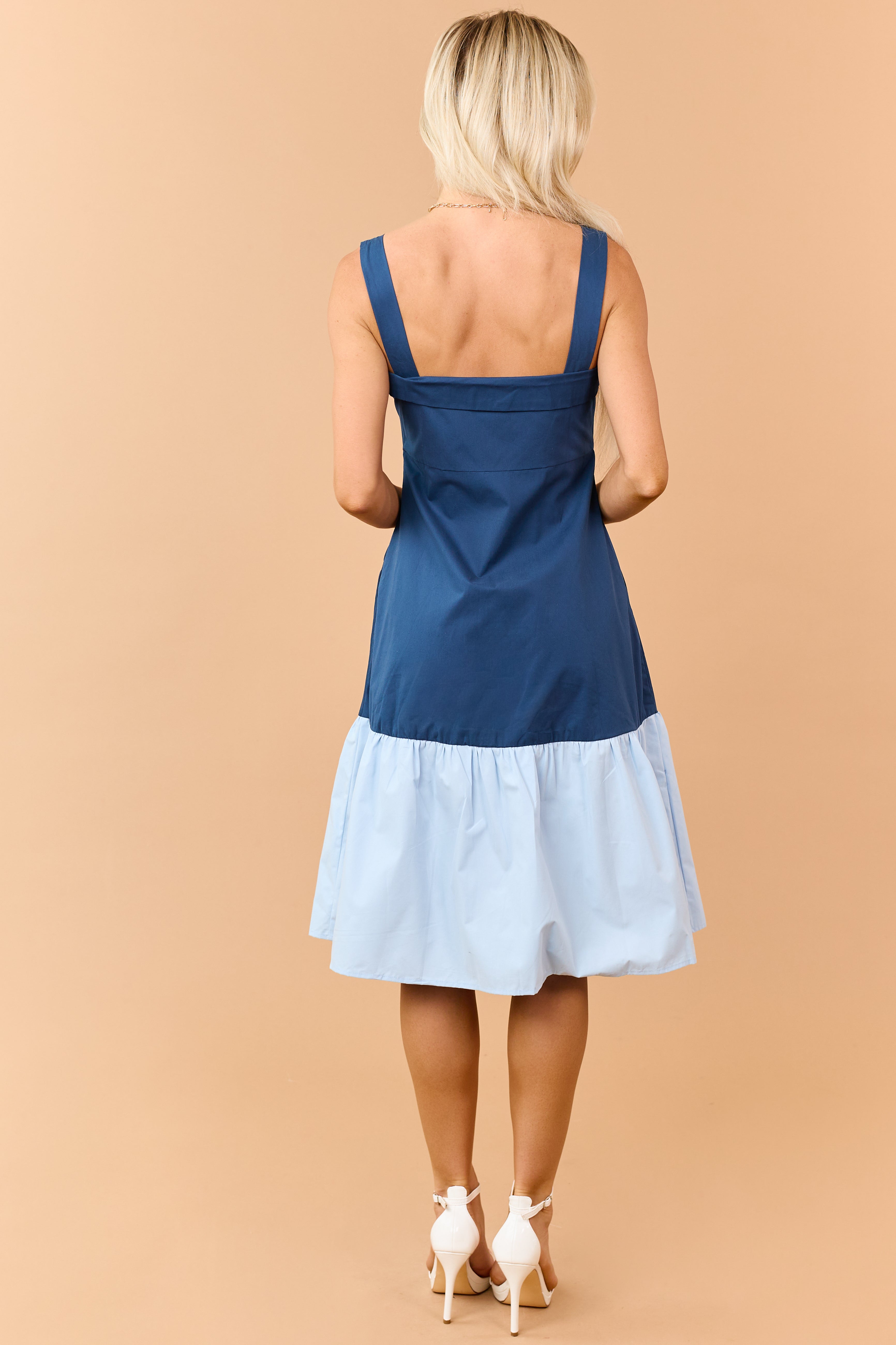 Sea Blue Button Down Colorblock Cotton Midi Dress