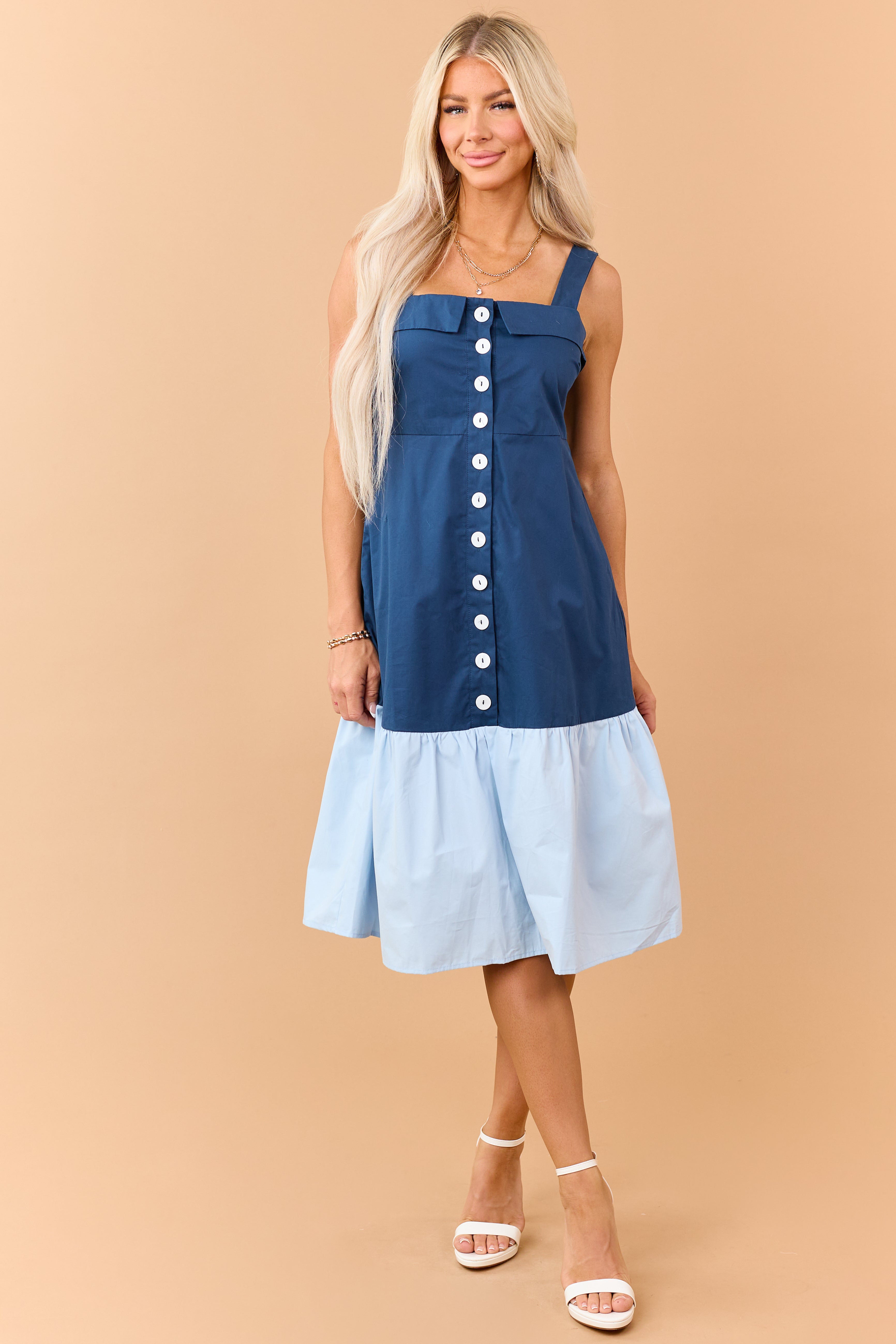 Sea Blue Button Down Colorblock Cotton Midi Dress