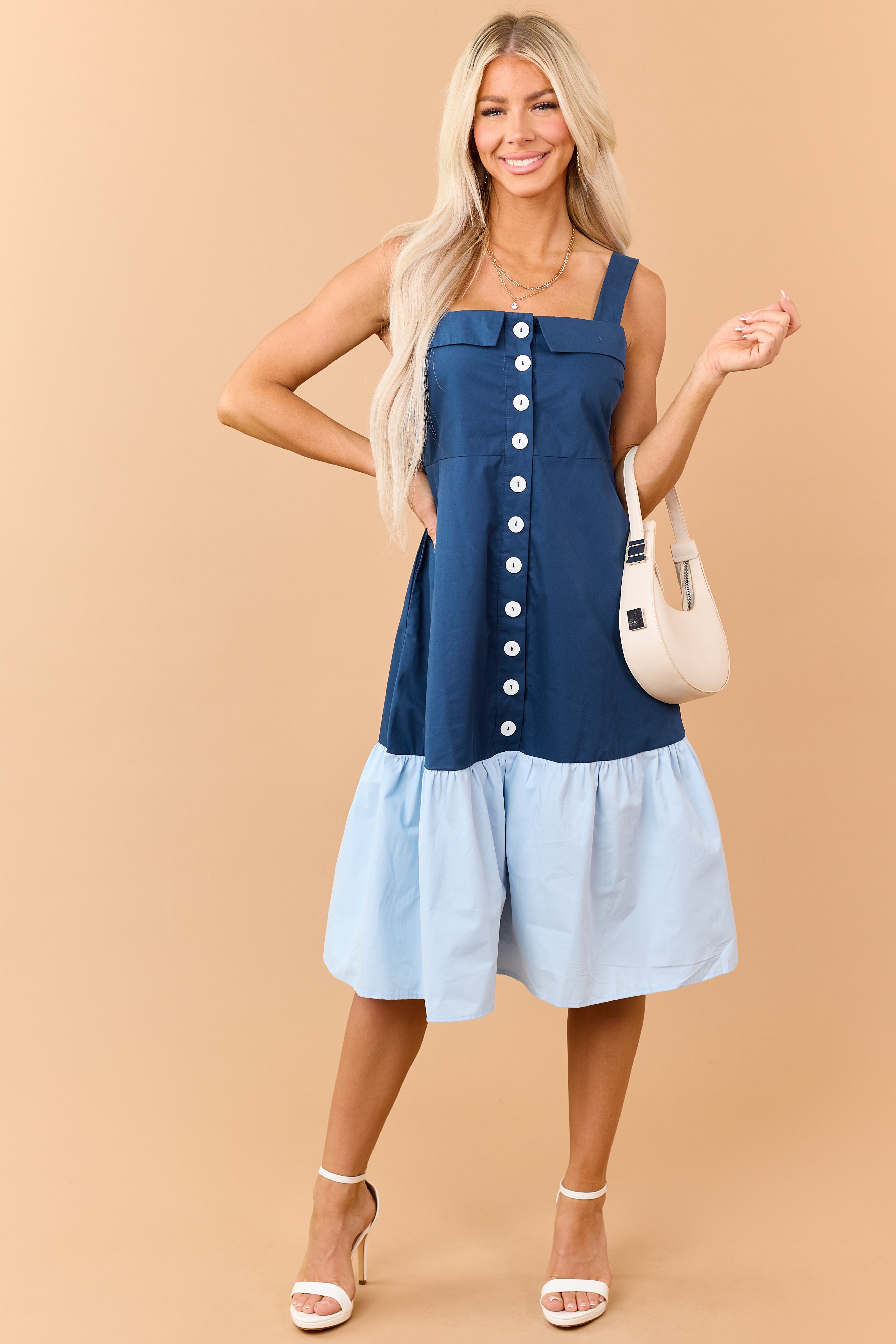 Sea Blue Button Down Colorblock Cotton Midi Dress