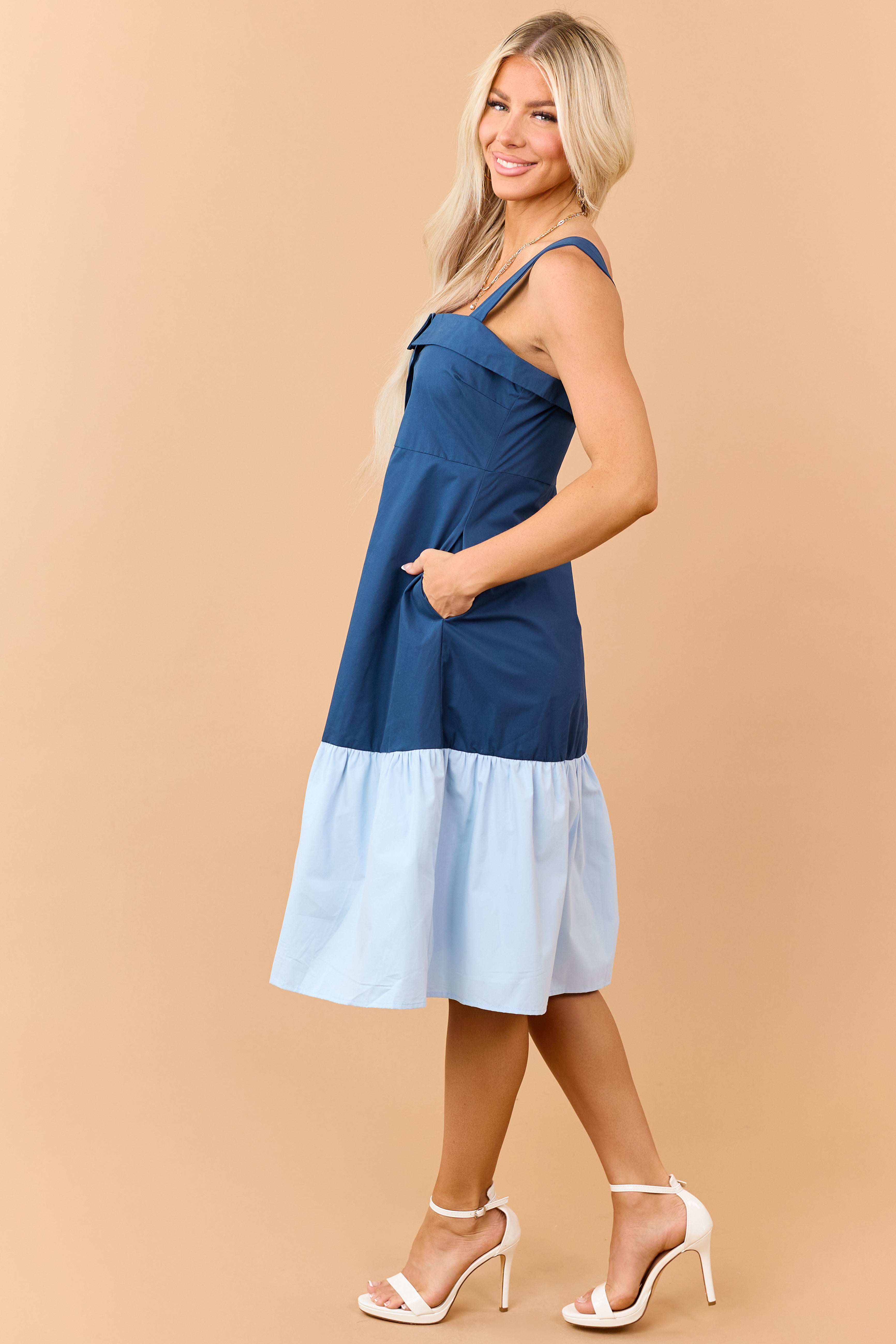 Sea Blue Button Down Colorblock Cotton Midi Dress