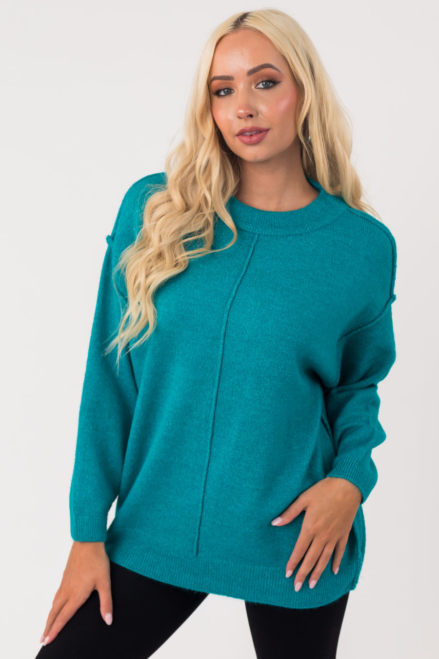Sea Blue Exposed Seam Drop Shoulder Sweater