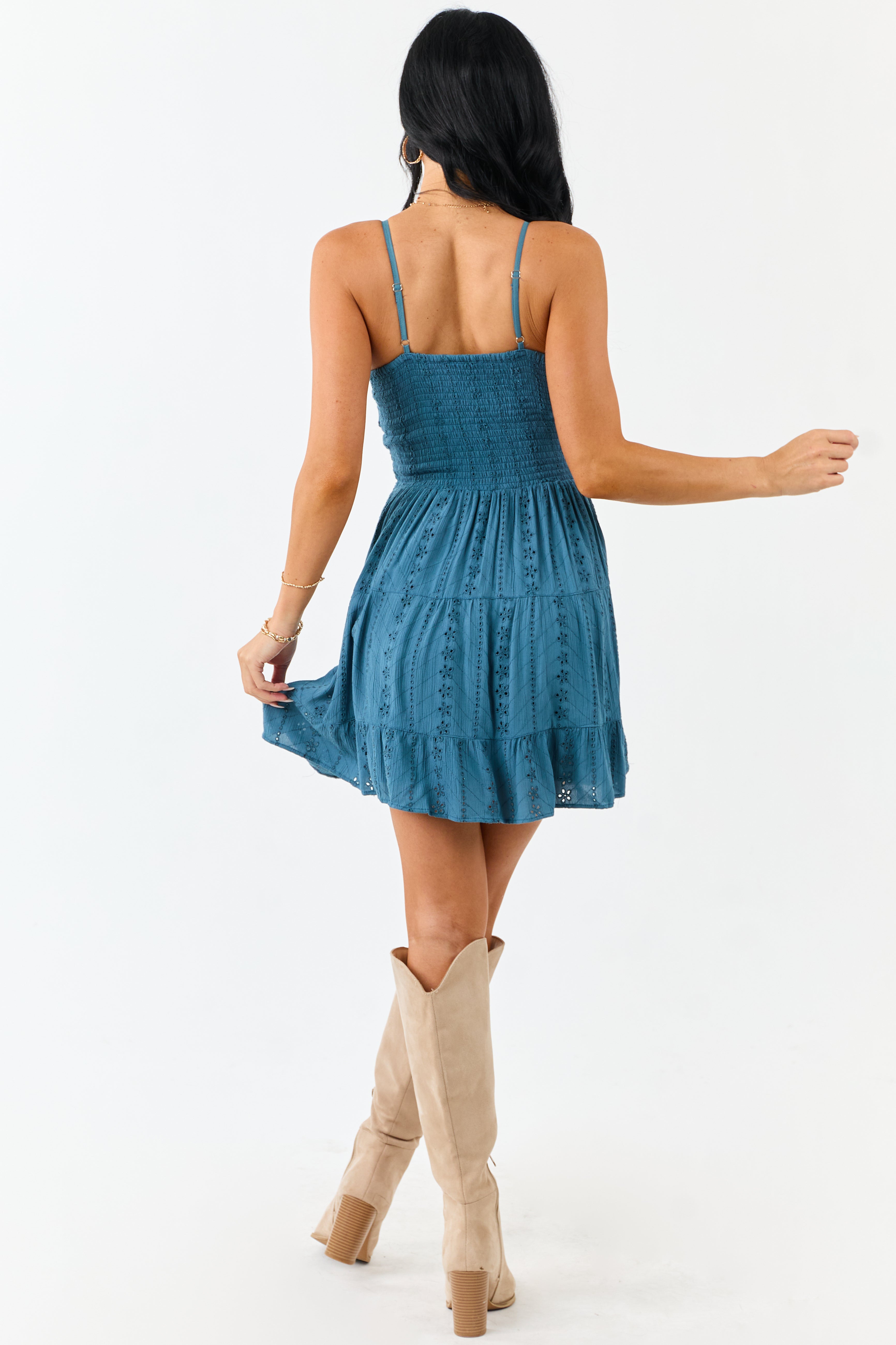 Sea Blue Eyelet Twist Bust Tiered Mini Dress