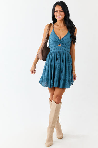 Sea Blue Eyelet Twist Bust Tiered Mini Dress