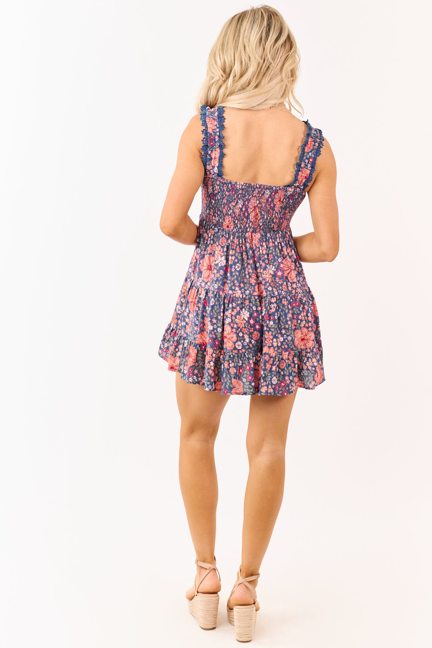 Sea Blue Floral Print Lace Trim Mini Dress