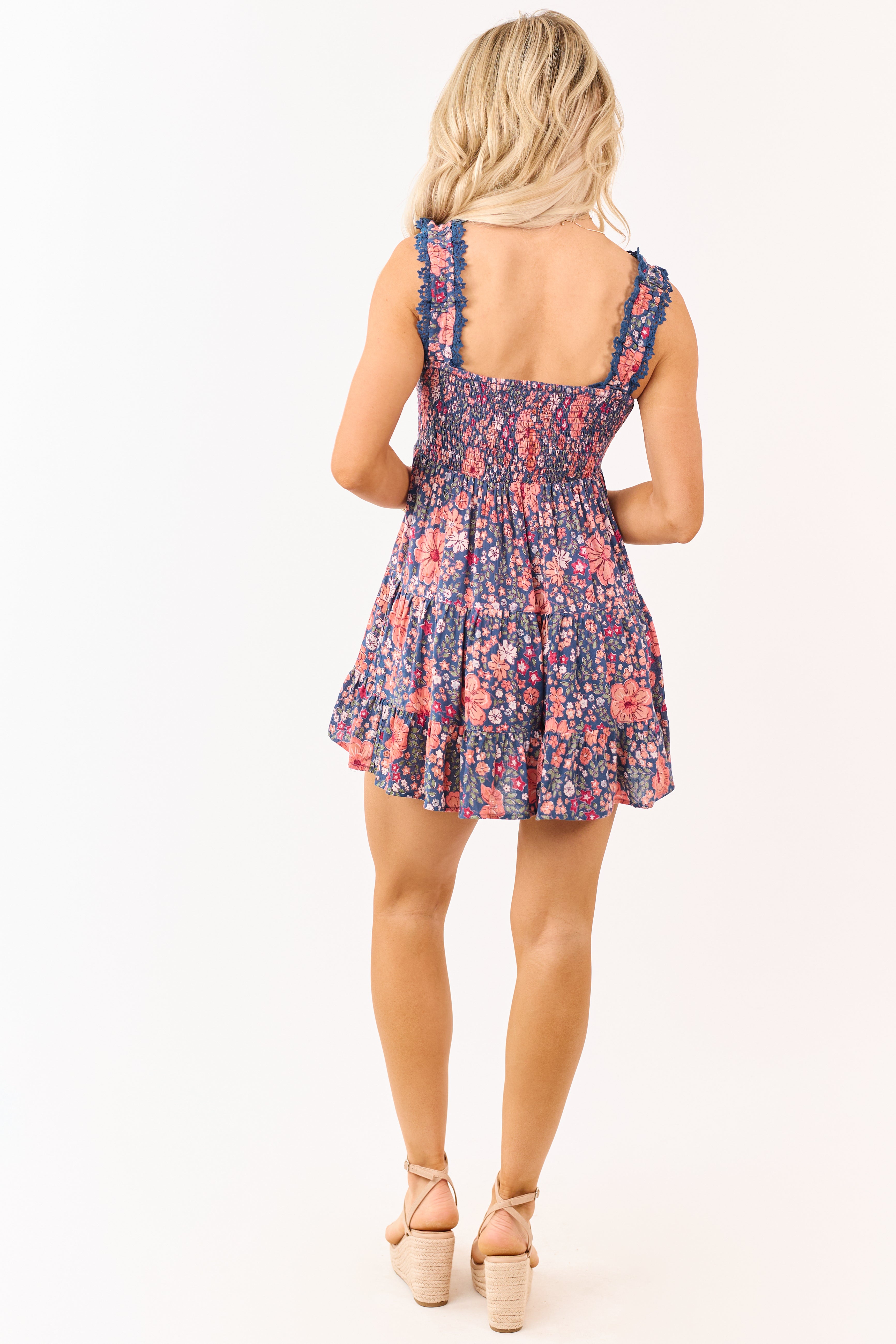 Sea Blue Floral Print Lace Trim Mini Dress