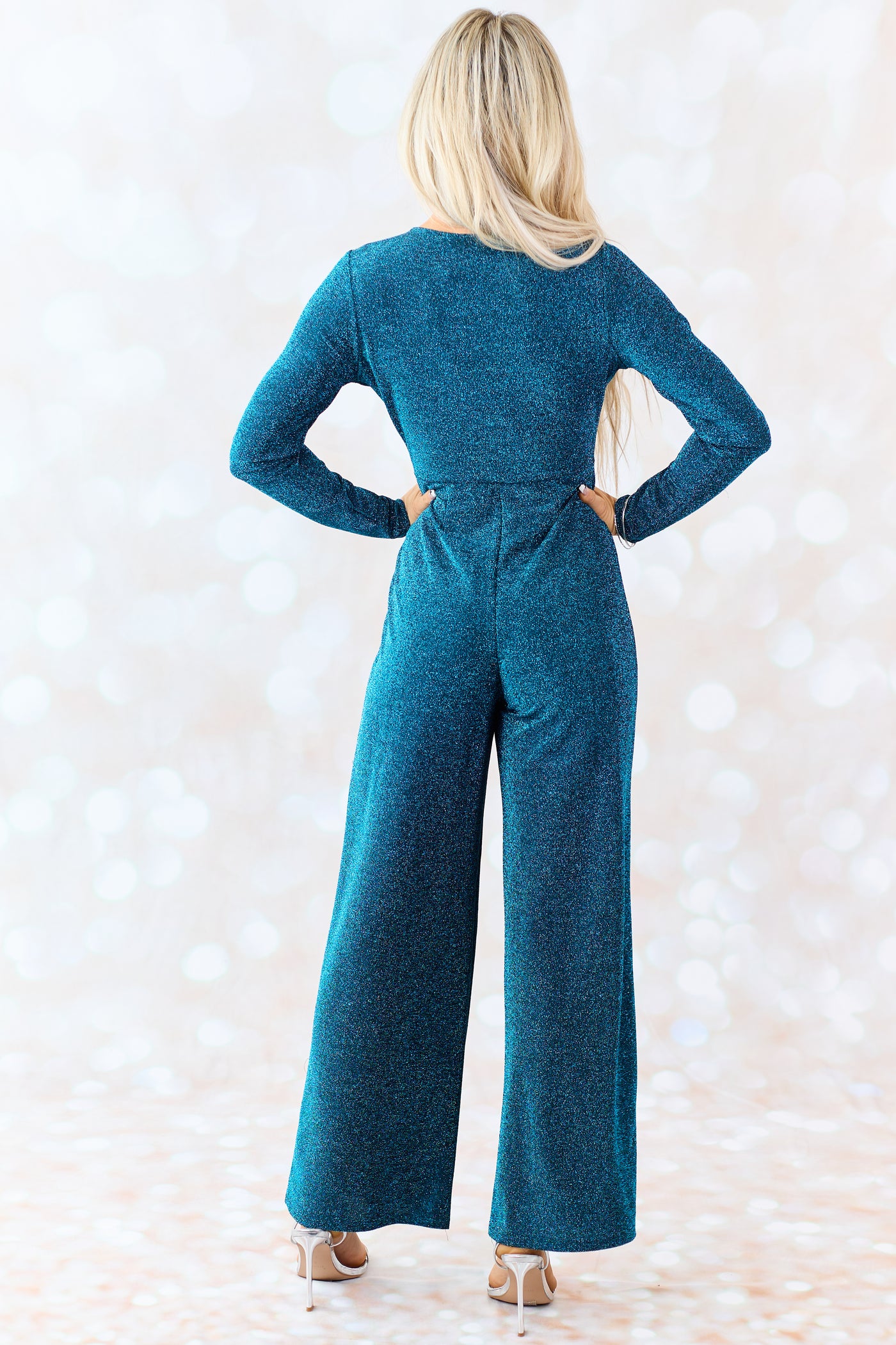 Sea Blue Metallic Long Sleeve V Neck Jumpsuit