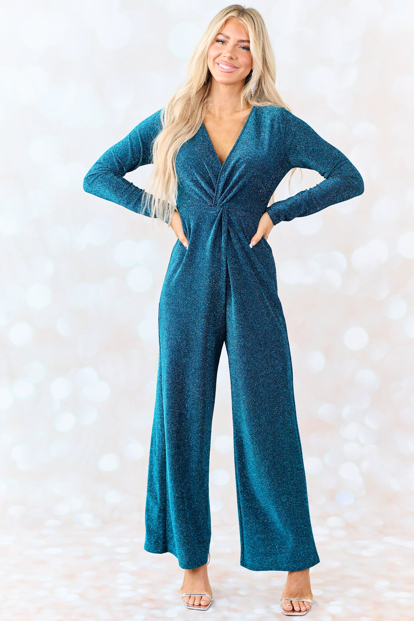 Sea Blue Metallic Long Sleeve V Neck Jumpsuit