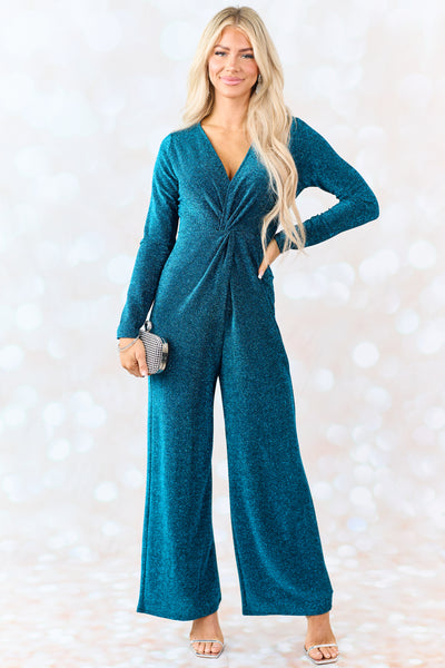 Sea Blue Metallic Long Sleeve V Neck Jumpsuit