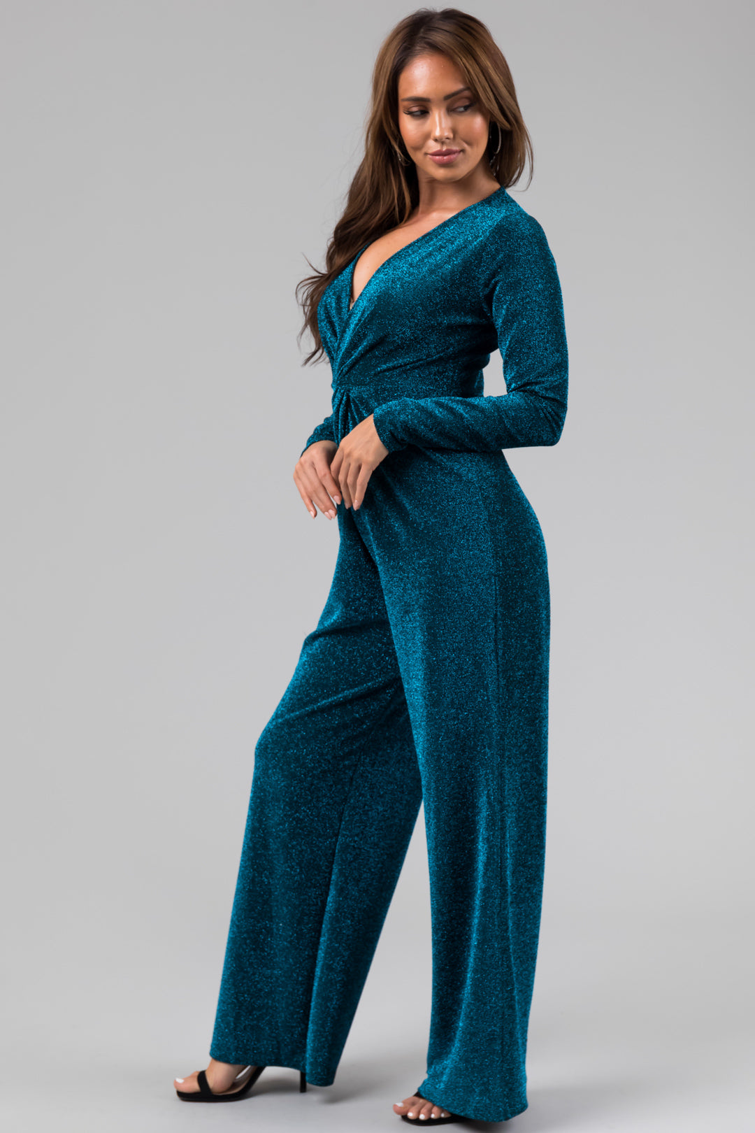 Sea Blue Metallic Long Sleeve V Neck Jumpsuit & Lime Lush