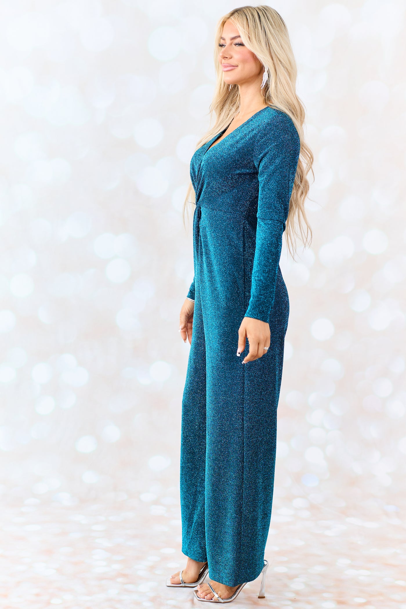 Sea Blue Metallic Long Sleeve V Neck Jumpsuit