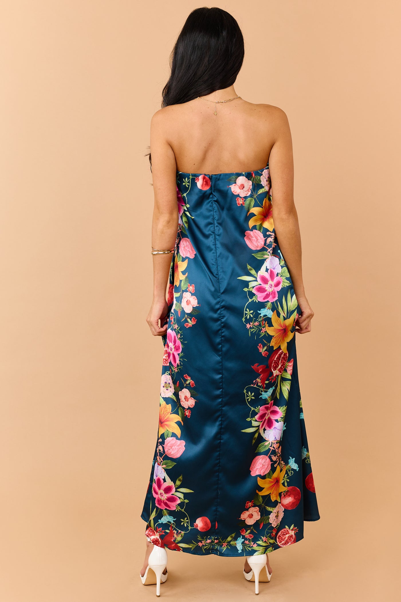 Sea Blue Satin Floral Print Strapless Maxi Dress