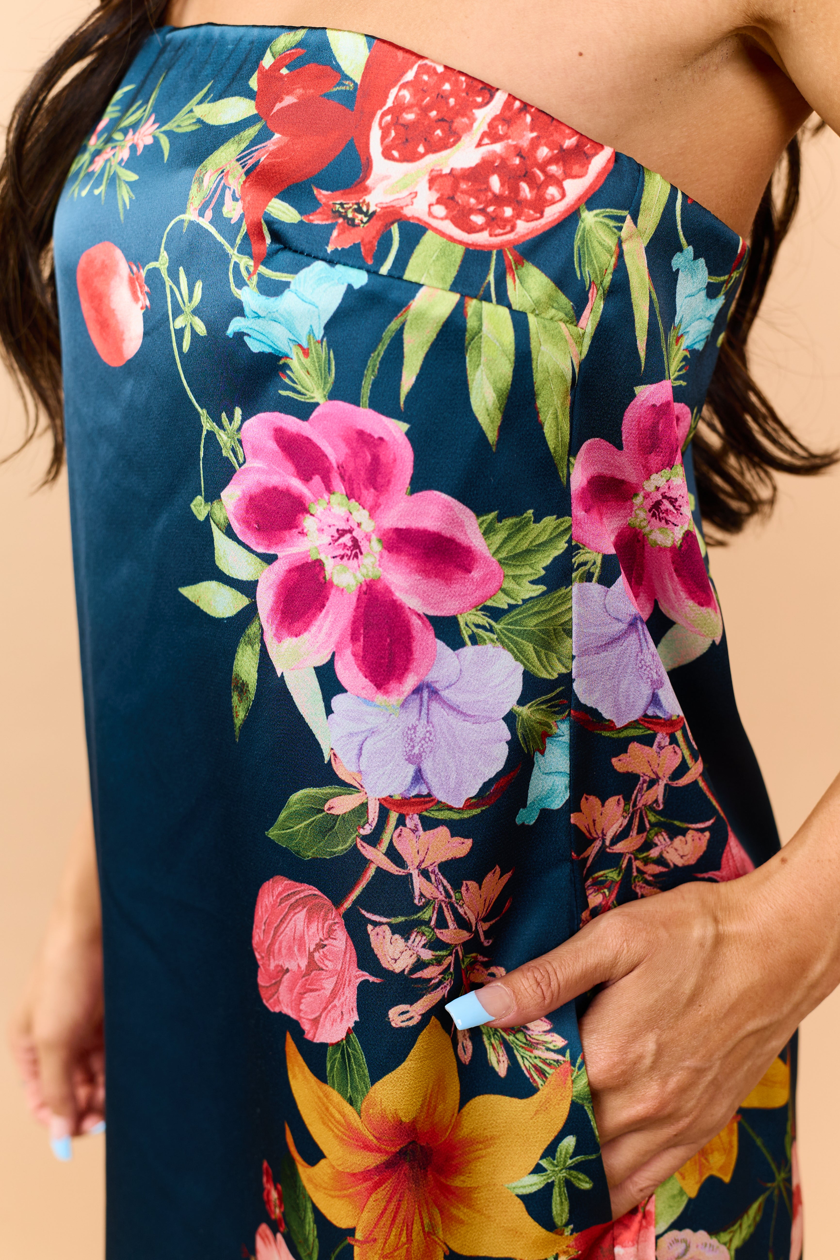 Sea Blue Satin Floral Print Strapless Maxi Dress