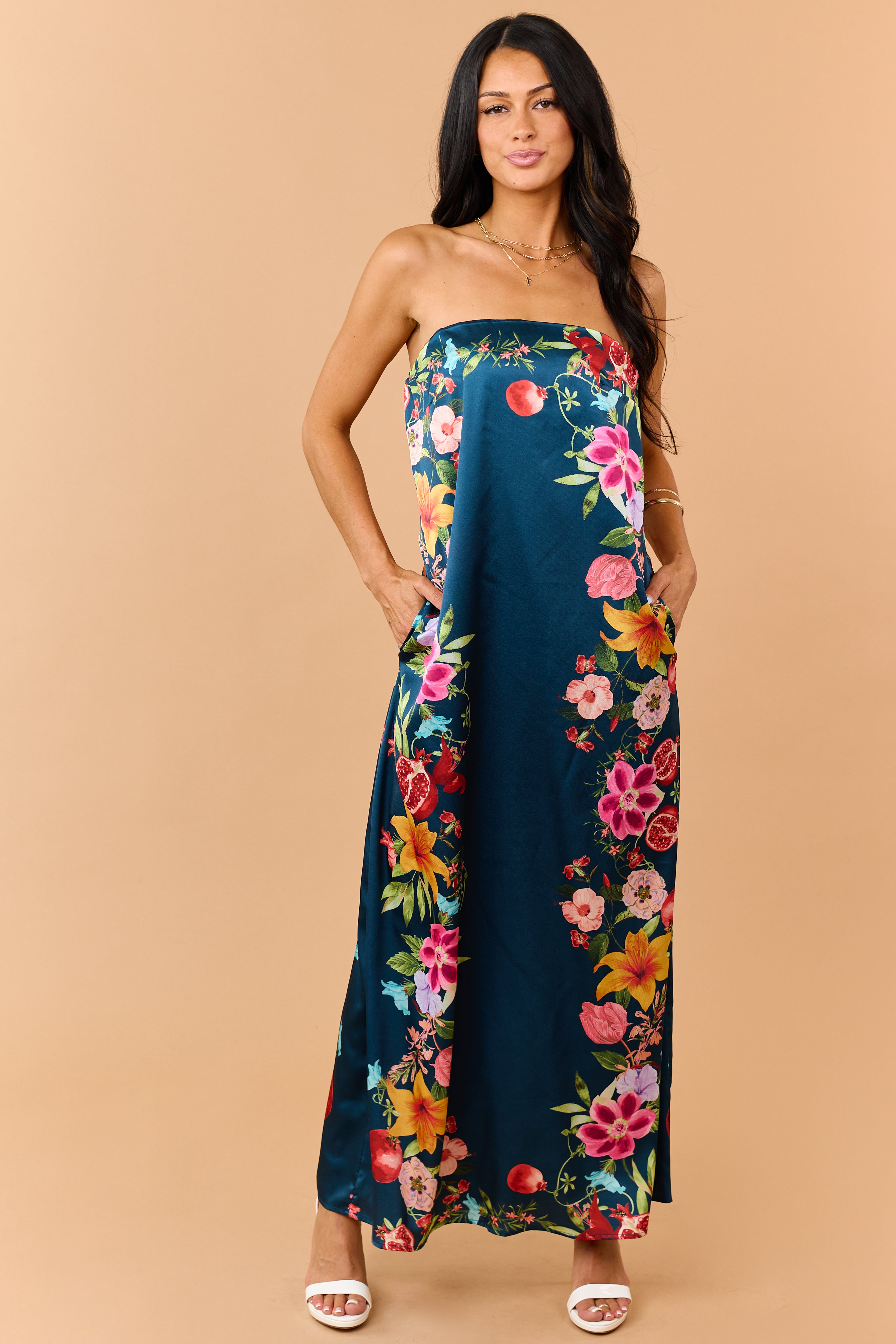 Sea Blue Satin Floral Print Strapless Maxi Dress