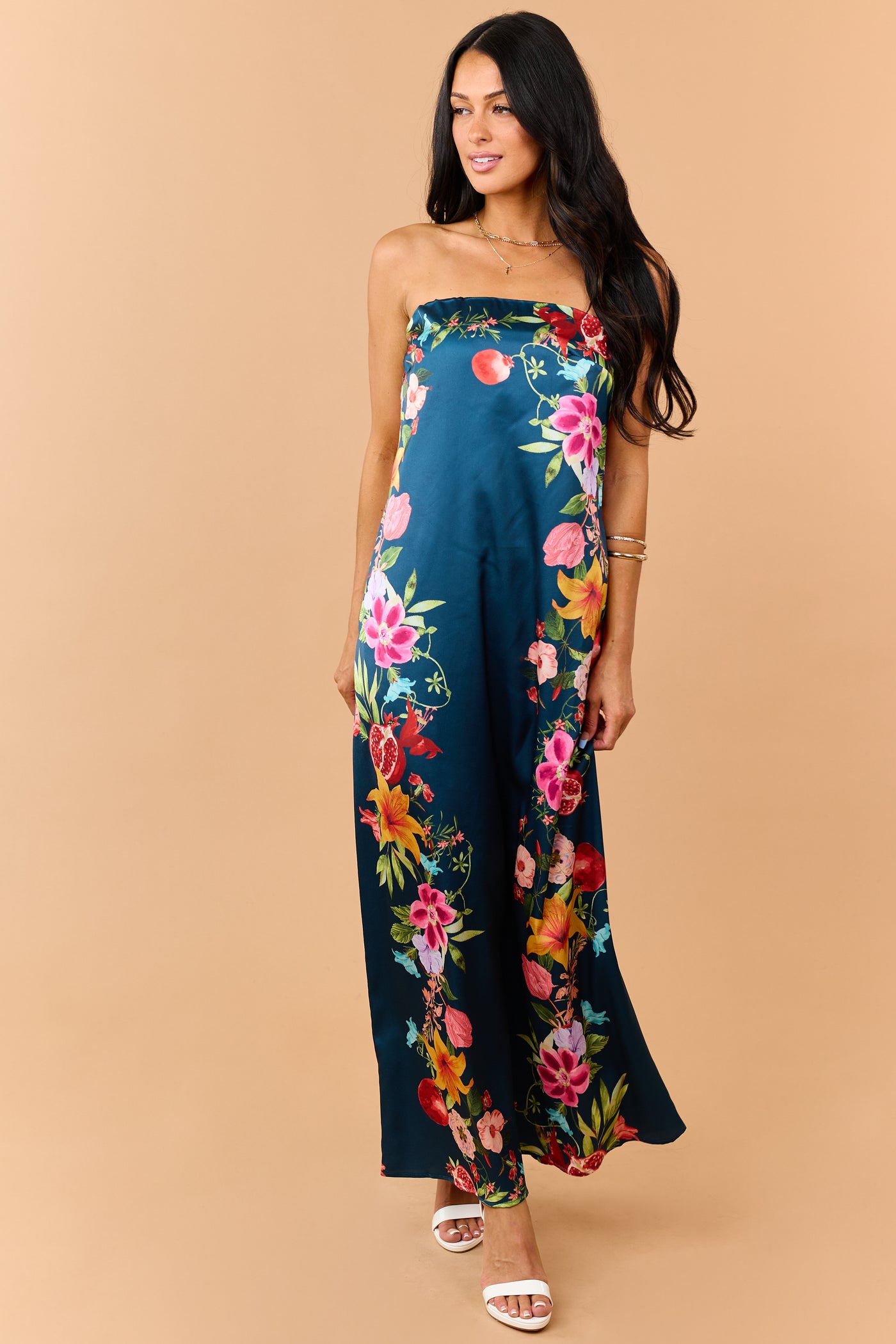 Sea Blue Satin Floral Print Strapless Maxi Dress