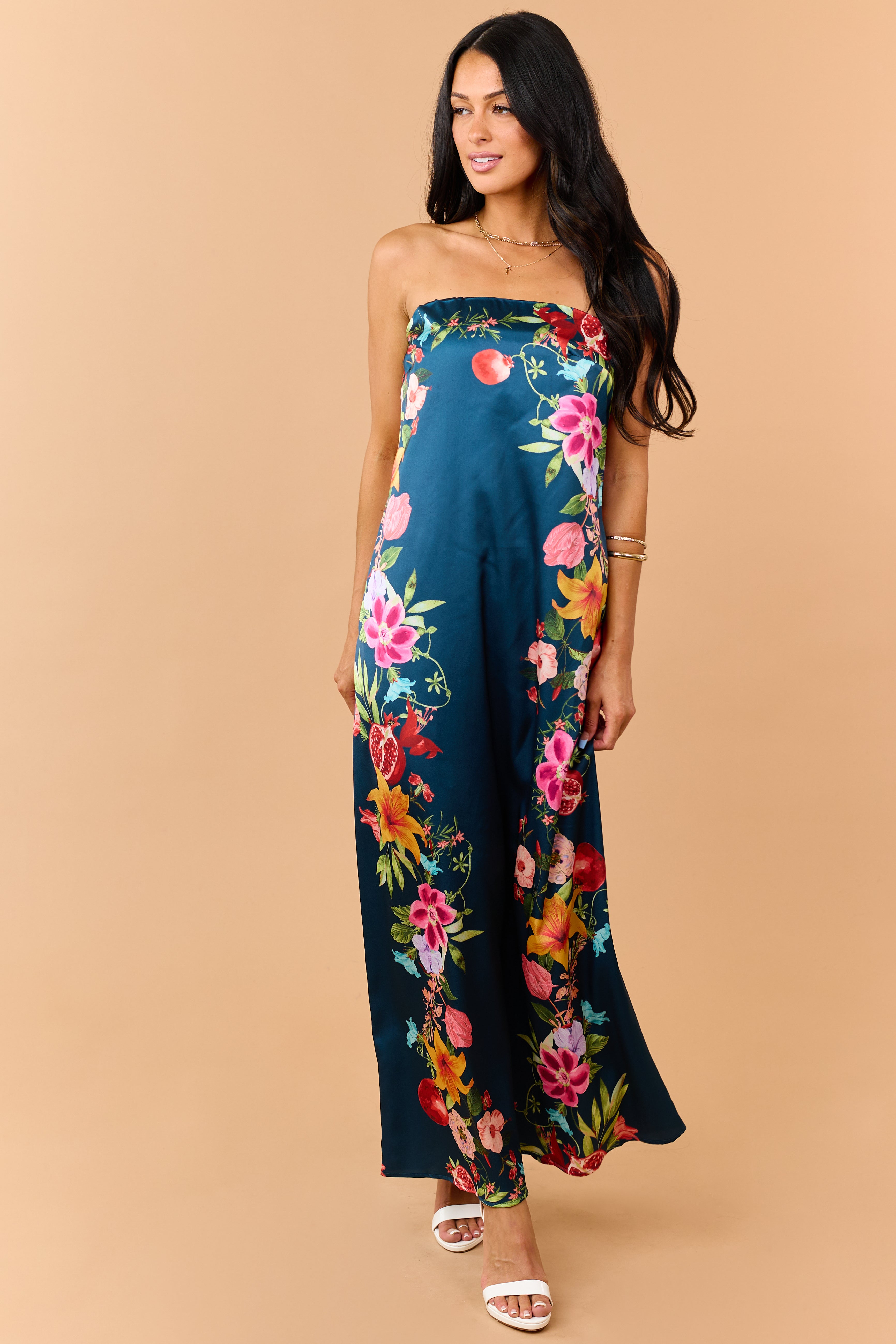Sea Blue Satin Floral Print Strapless Maxi Dress
