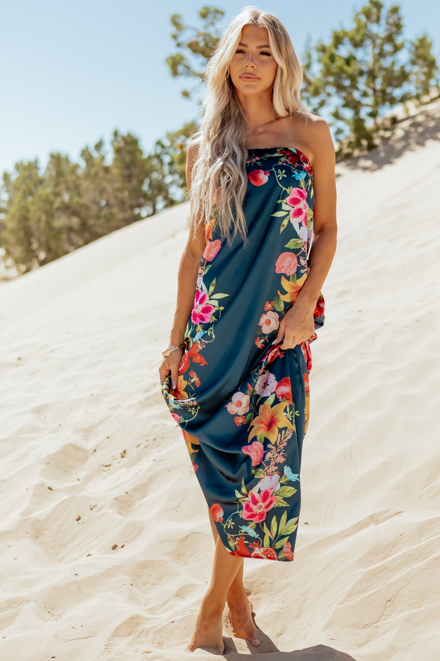 Sea Blue Satin Floral Print Strapless Maxi Dress