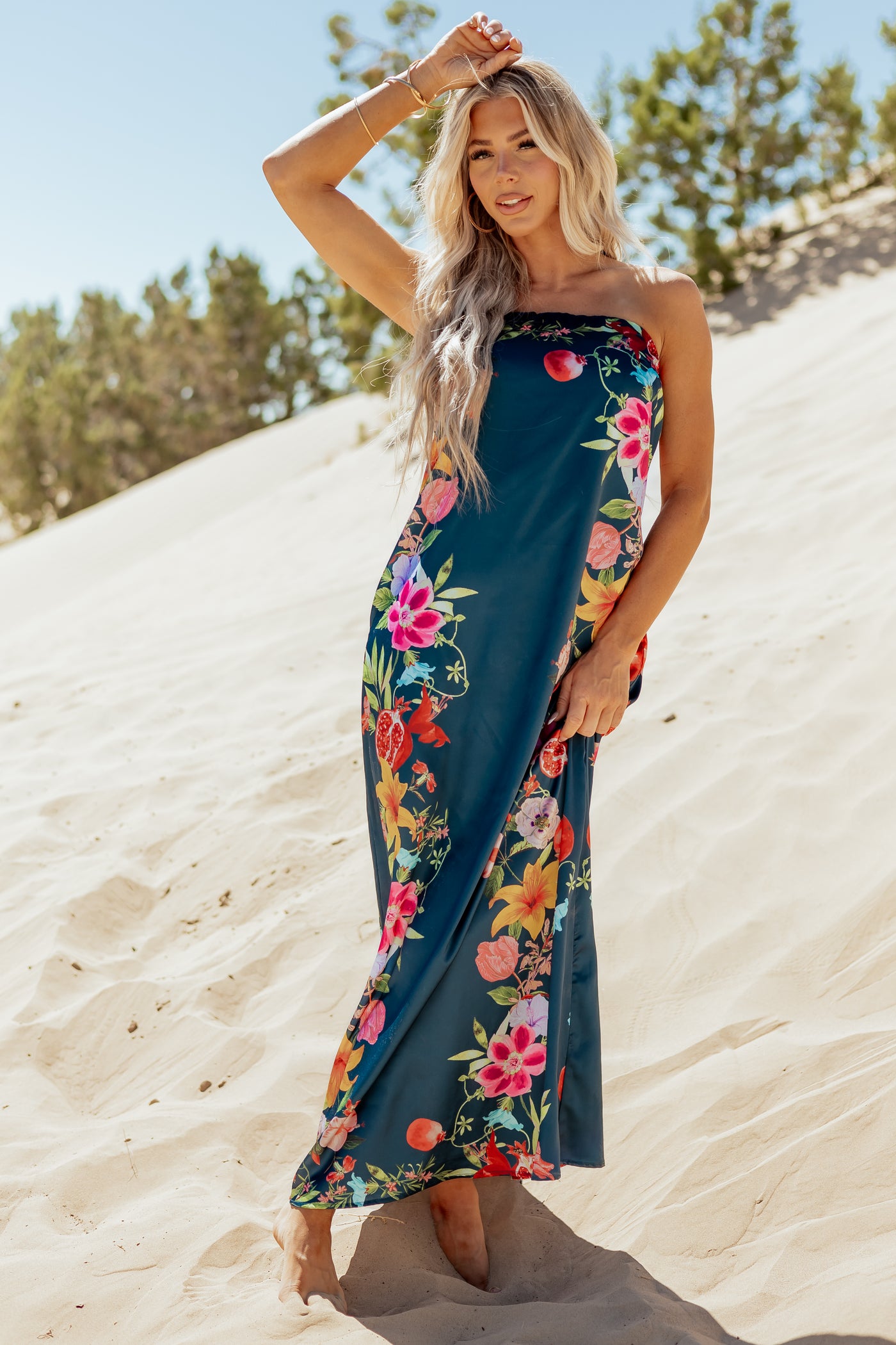 Sea Blue Satin Floral Print Strapless Maxi Dress