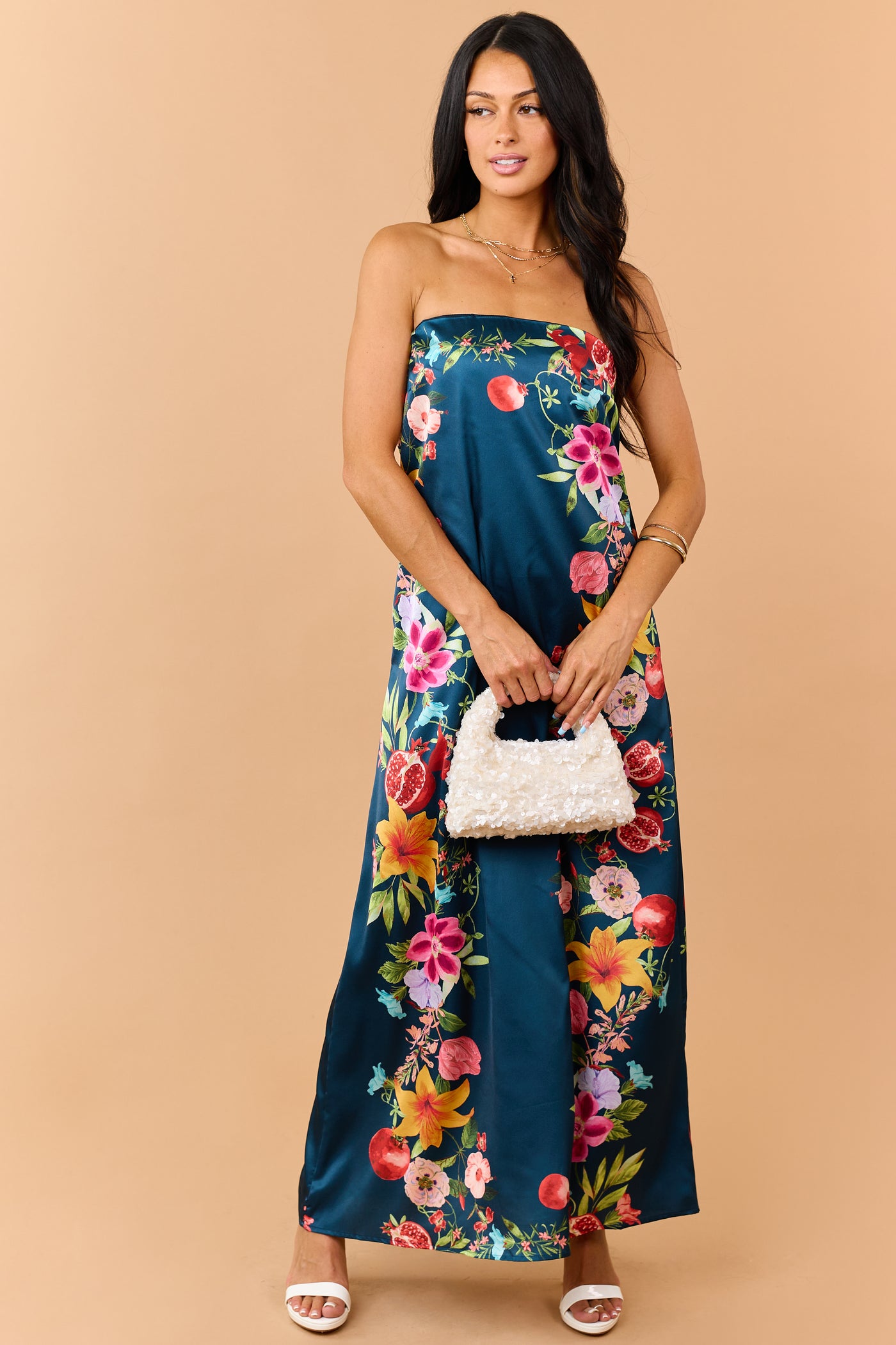 Sea Blue Satin Floral Print Strapless Maxi Dress
