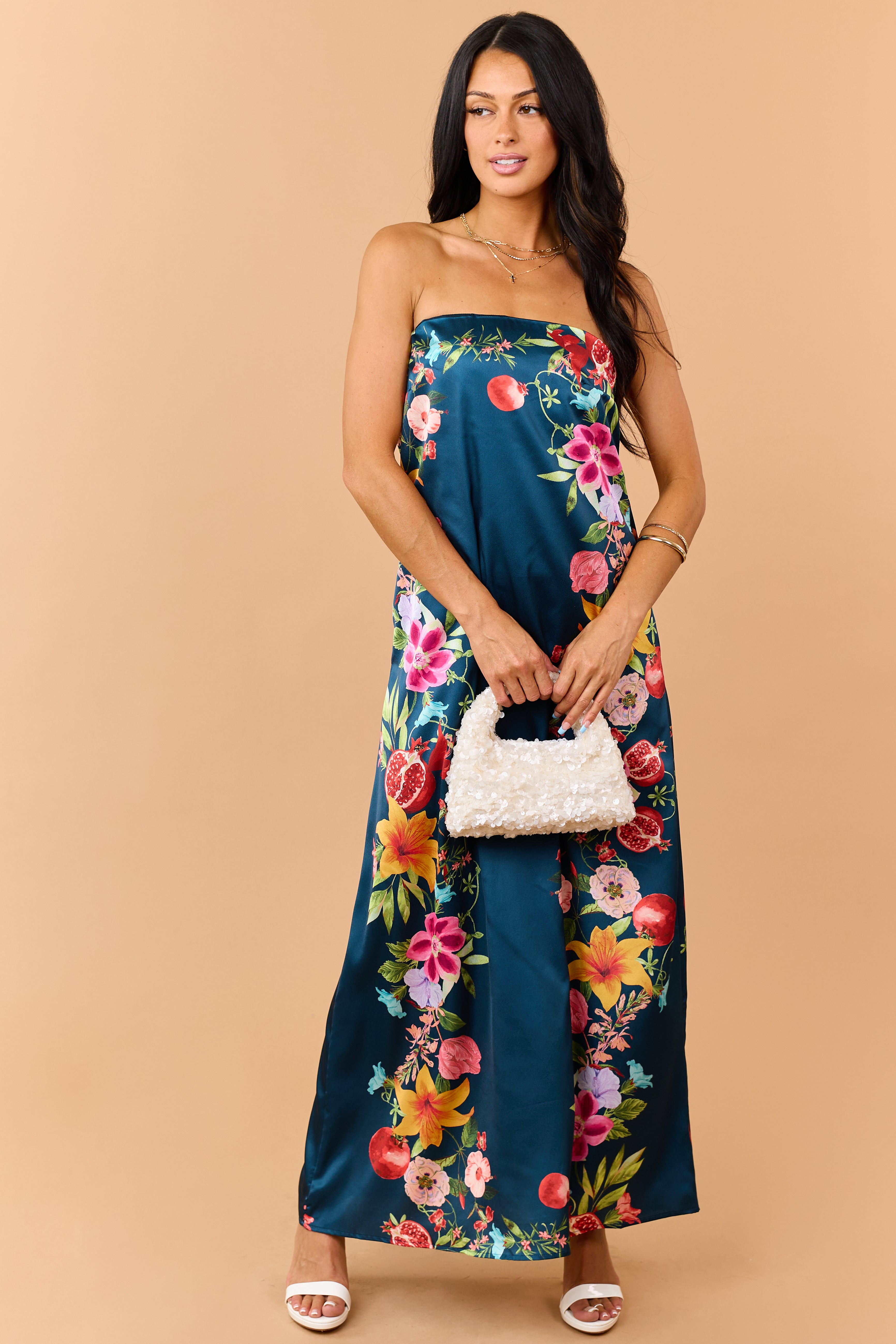 Sea Blue Satin Floral Print Strapless Maxi Dress
